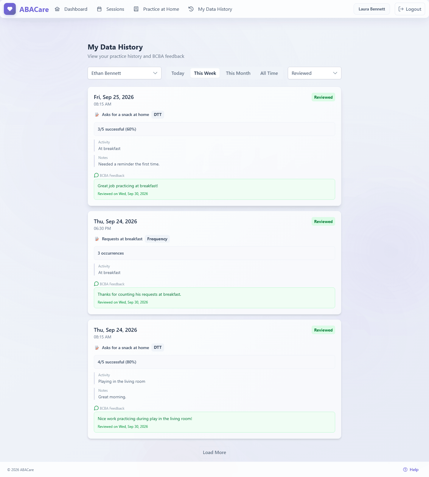 The My Data History page of the parent web app with the period and review status filters, and a reviewed practice entry showing the BCBA's feedback