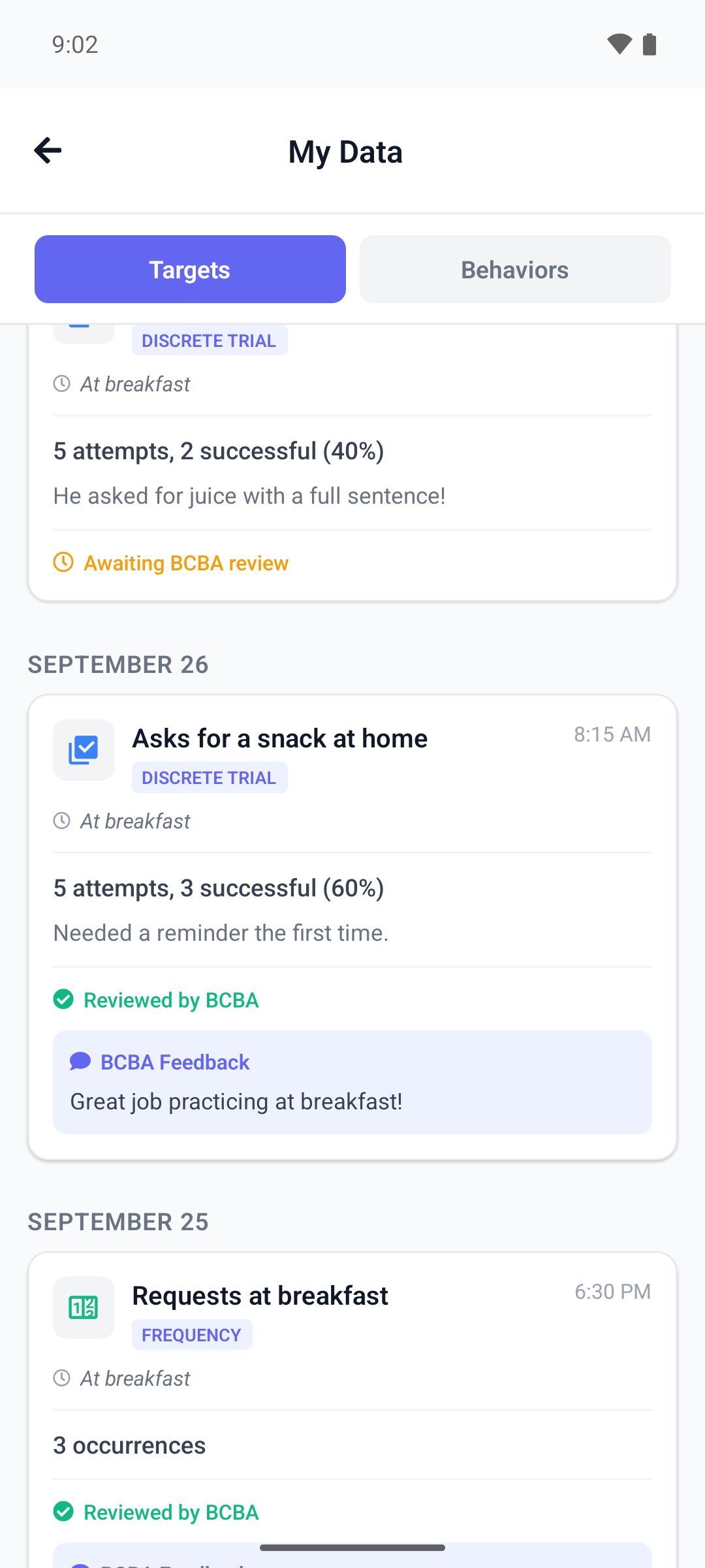 The Targets tab of My Data in the mobile app with practice entries grouped by day, one reviewed with BCBA feedback and others awaiting review