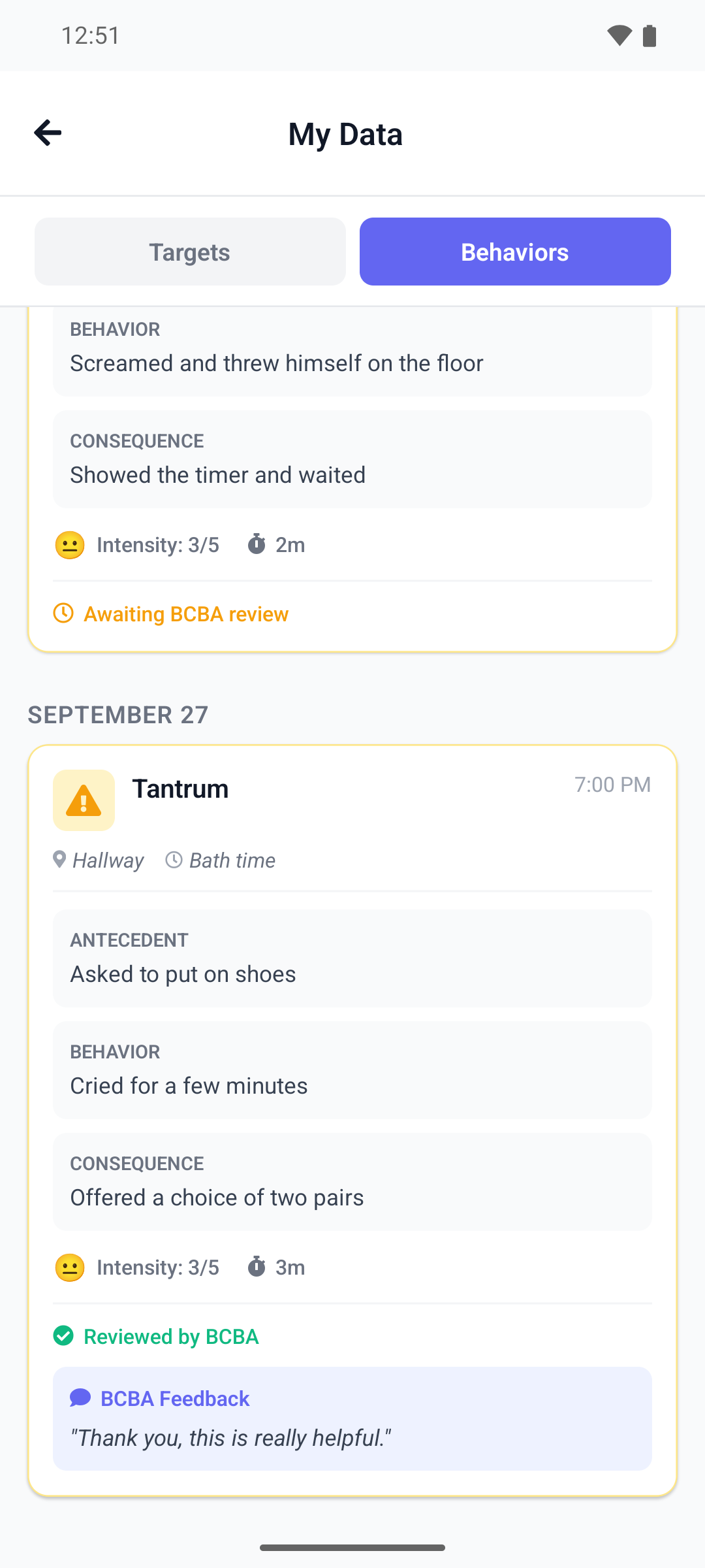 The Behaviors tab of My Data in the mobile app with a behavior marked Ad-Hoc and a reviewed behavior with BCBA feedback