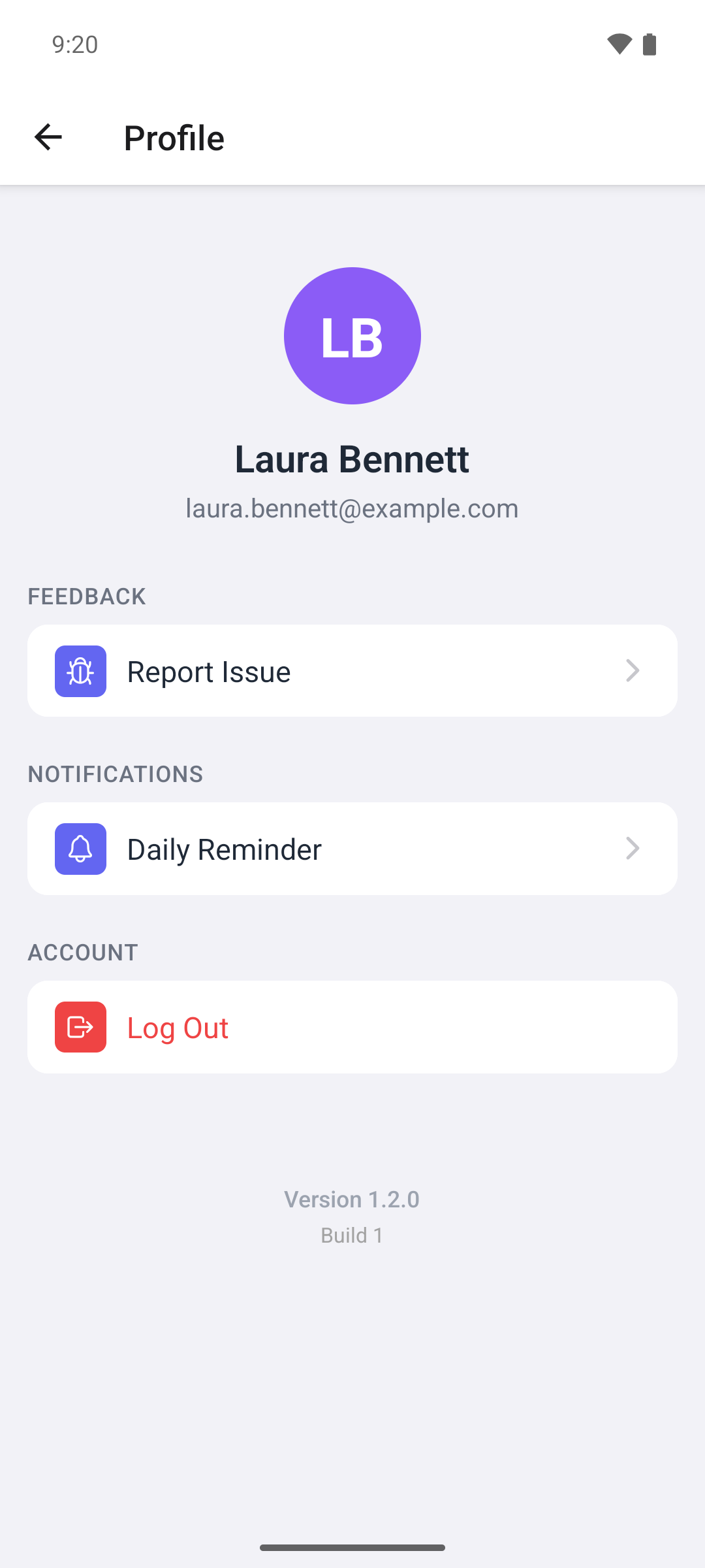 The Profile screen of the mobile app with the Daily Reminder item in the Notifications section