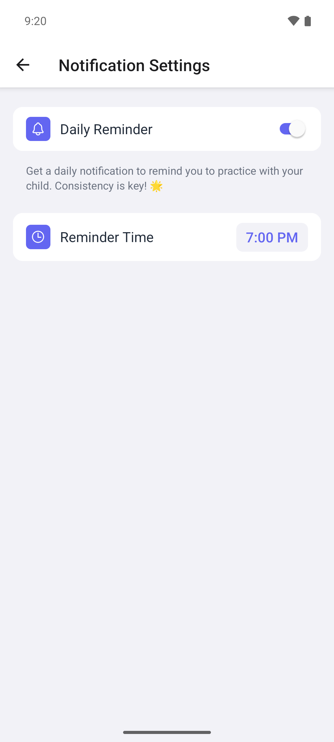 The Notification Settings screen of the mobile app with the Daily Reminder switch on and the Reminder Time row