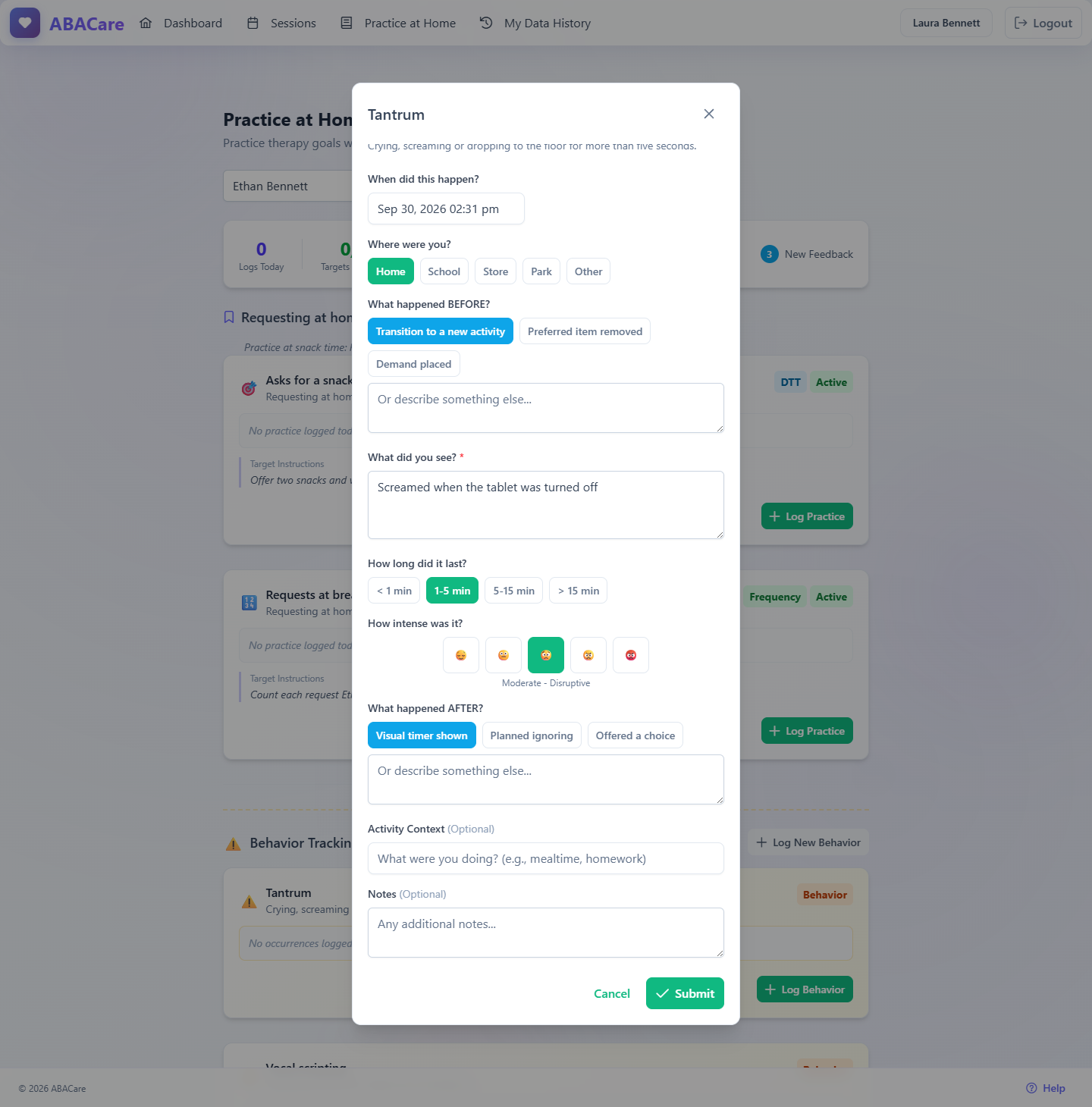 The form for logging a behavior in the parent web app, with the time, the place, what happened before, what the parent saw, the duration and intensity choices and what happened after
