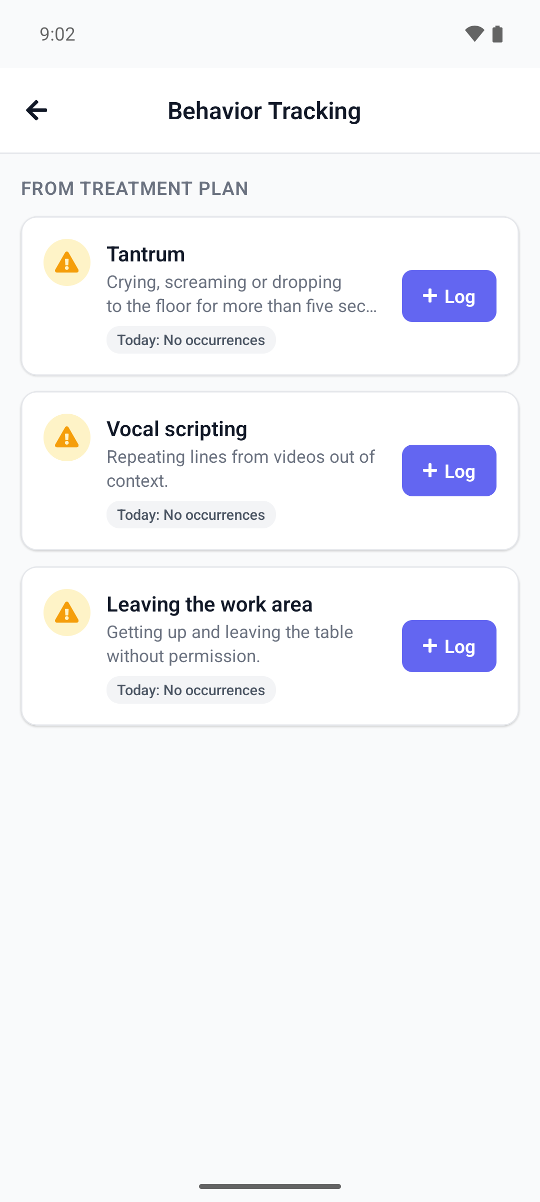 The Behavior Tracking screen of the mobile app with the behaviors from the treatment plan, today's count and the Log button on each