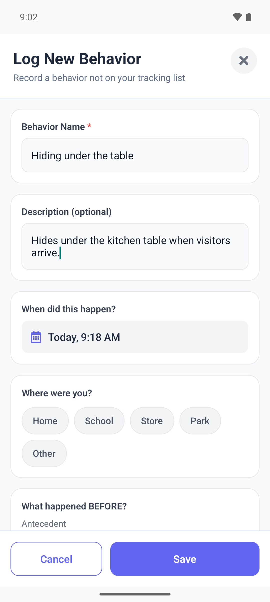 The Log New Behavior window in the mobile app with the behavior name and description filled in and the questions below