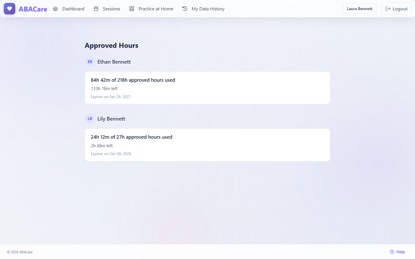 The Approved Hours page of the parent web app with a section for each of two children, each showing the hours used out of the approved hours, the hours left and the expiry date
