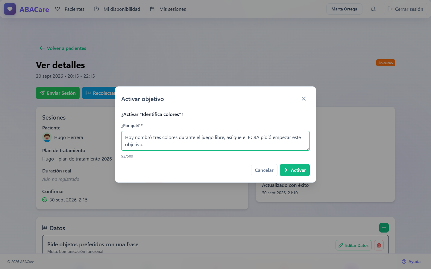 La ventana Activar objetivo en la aplicación web, que pide activar un objetivo planificado, con la nota obligatoria ¿Por qué? y el botón Activar