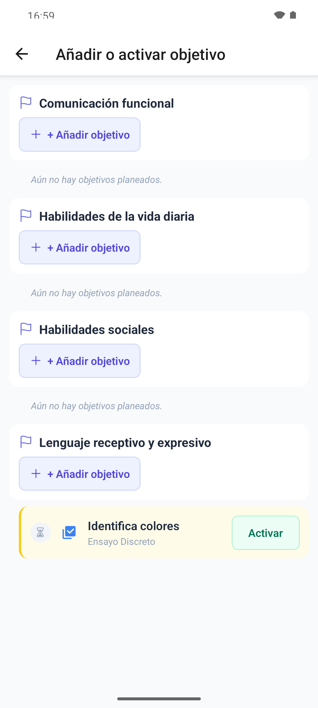 La pantalla Añadir o activar objetivo en la aplicación móvil con metas, los botones + Añadir objetivo y un objetivo planificado con Activar