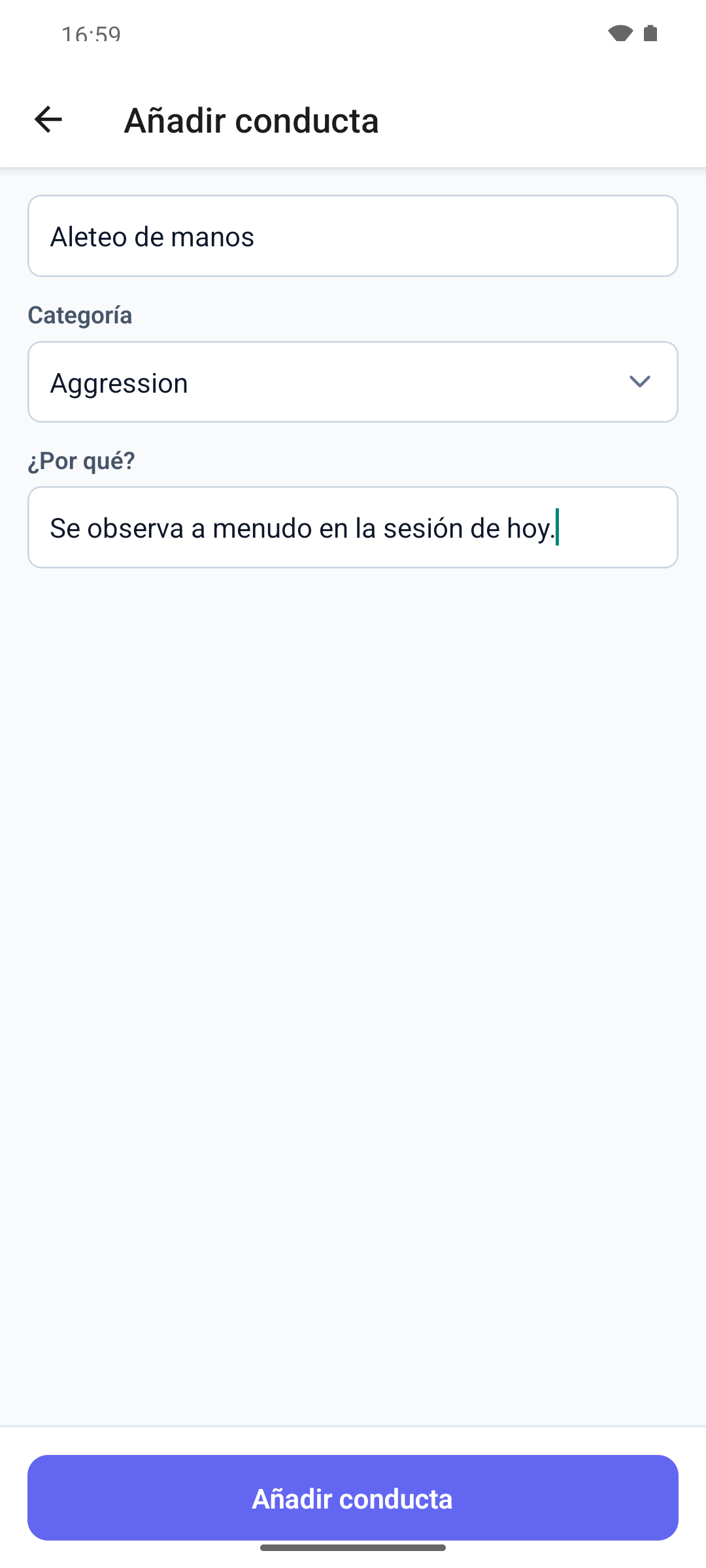 El formulario Añadir conducta en la aplicación móvil con el nombre de la conducta, el selector Categoría y la nota ¿Por qué?
