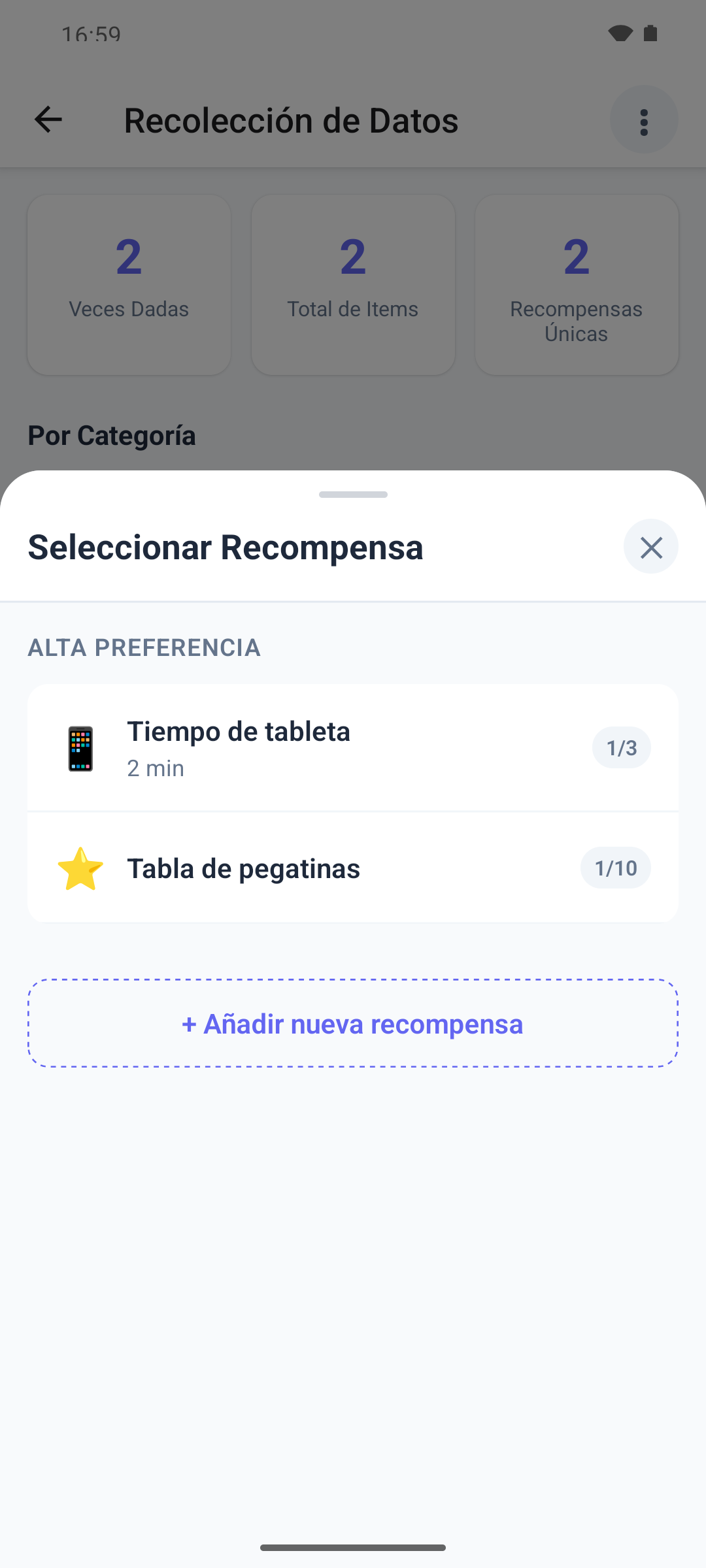 La hoja Seleccionar Recompensa en la aplicación móvil con las recompensas agrupadas por preferencia y el botón + Añadir nueva recompensa