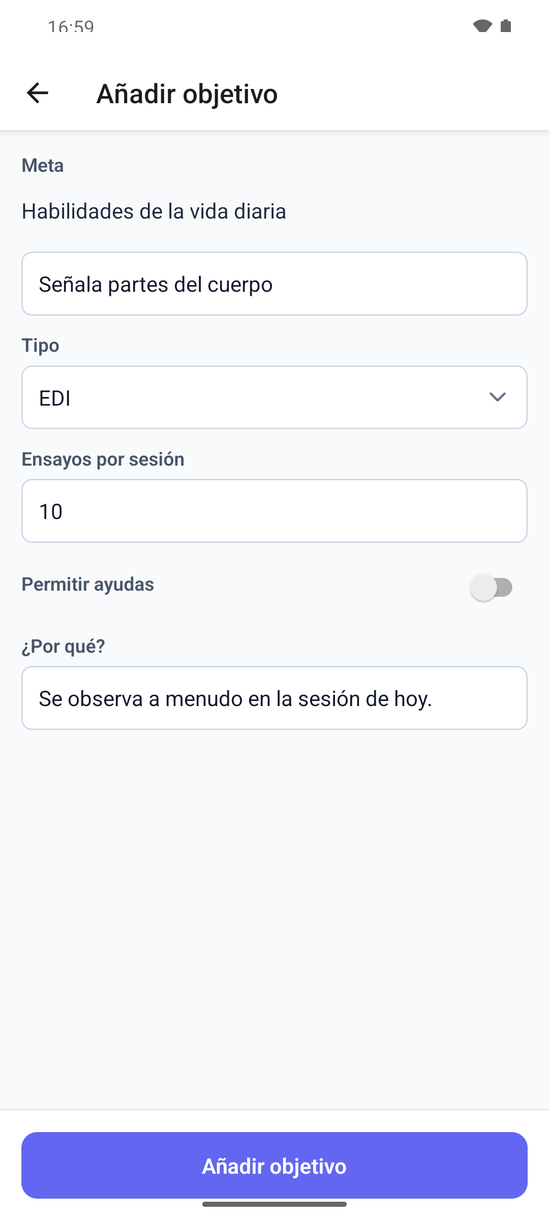 El formulario Añadir objetivo en la aplicación móvil con la meta, el nombre del objetivo, el tipo y la nota ¿Por qué?