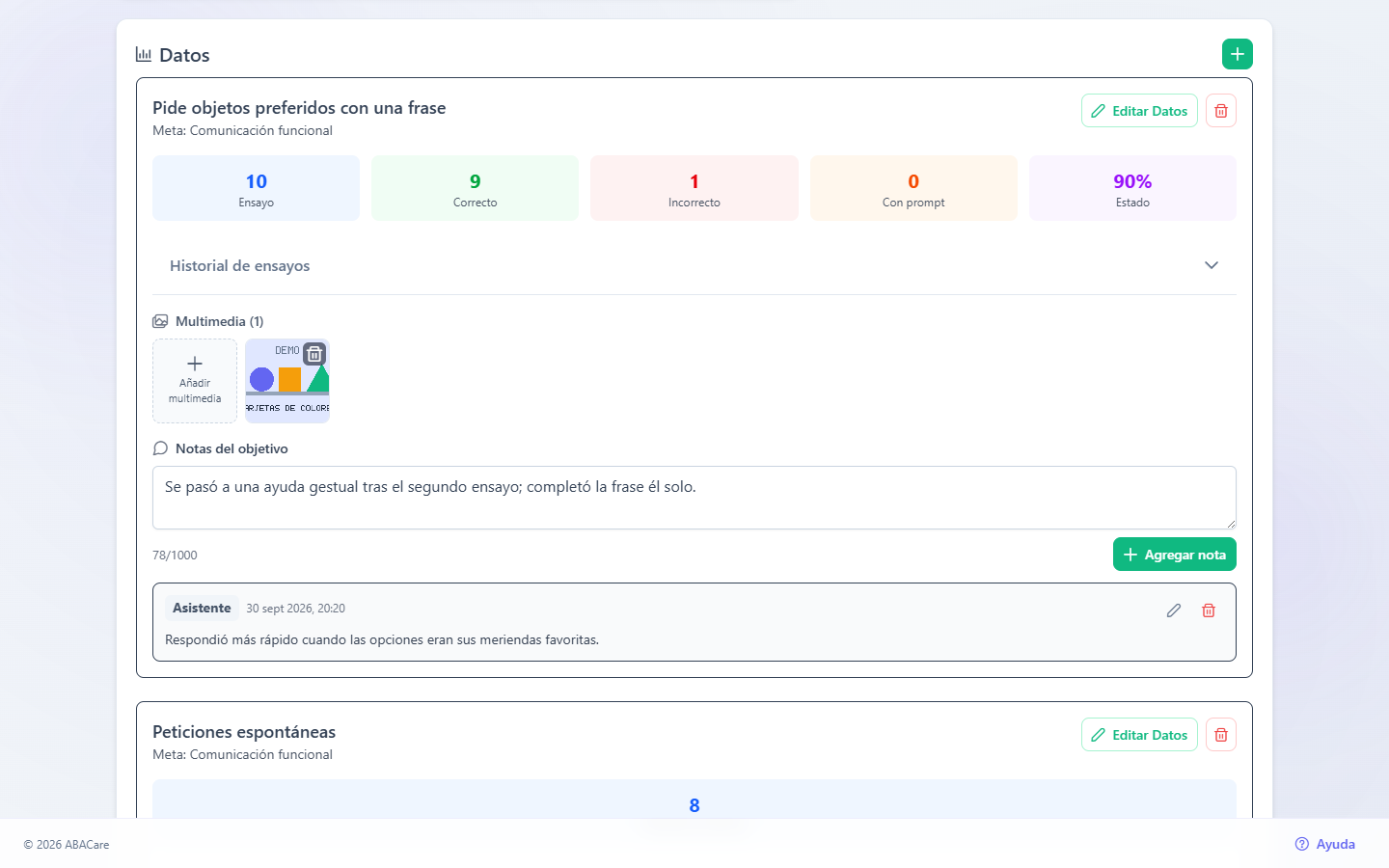 El bloque Notas del objetivo bajo un objetivo de la tarjeta Datos en la aplicación web, con una nota guardada y una nota nueva escrita en el cuadro