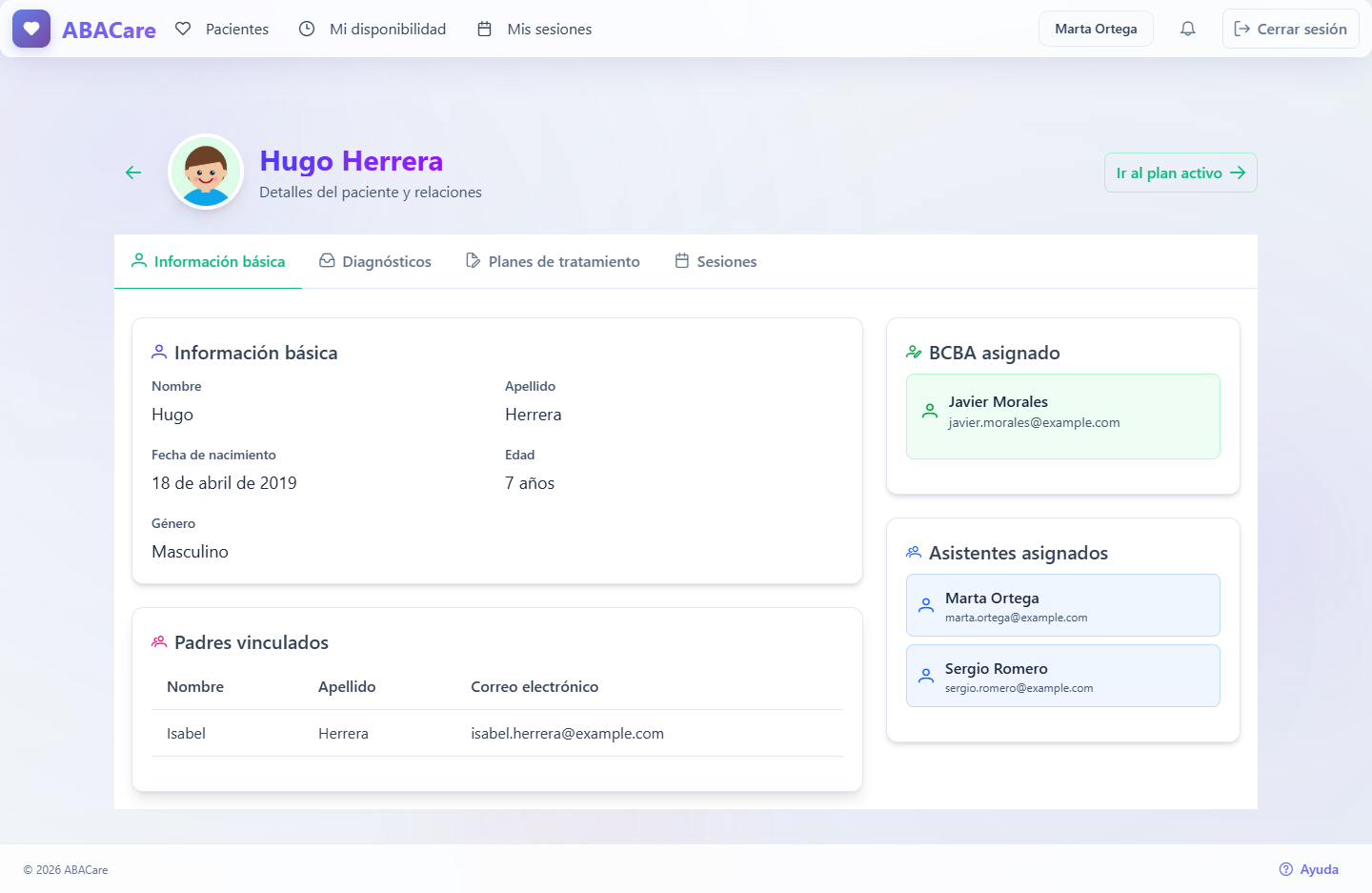 La página de un paciente en la aplicación web para un asistente, con el botón Ir al plan activo y las pestañas Información básica, Diagnósticos, Planes de tratamiento y Sesiones