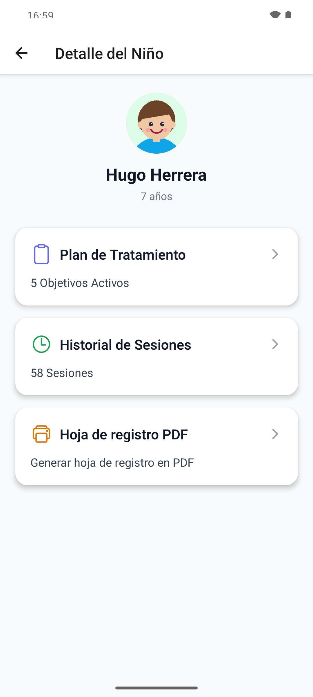 Un paciente en la aplicación móvil con las tarjetas Plan de Tratamiento, Historial de Sesiones y Hoja de registro PDF