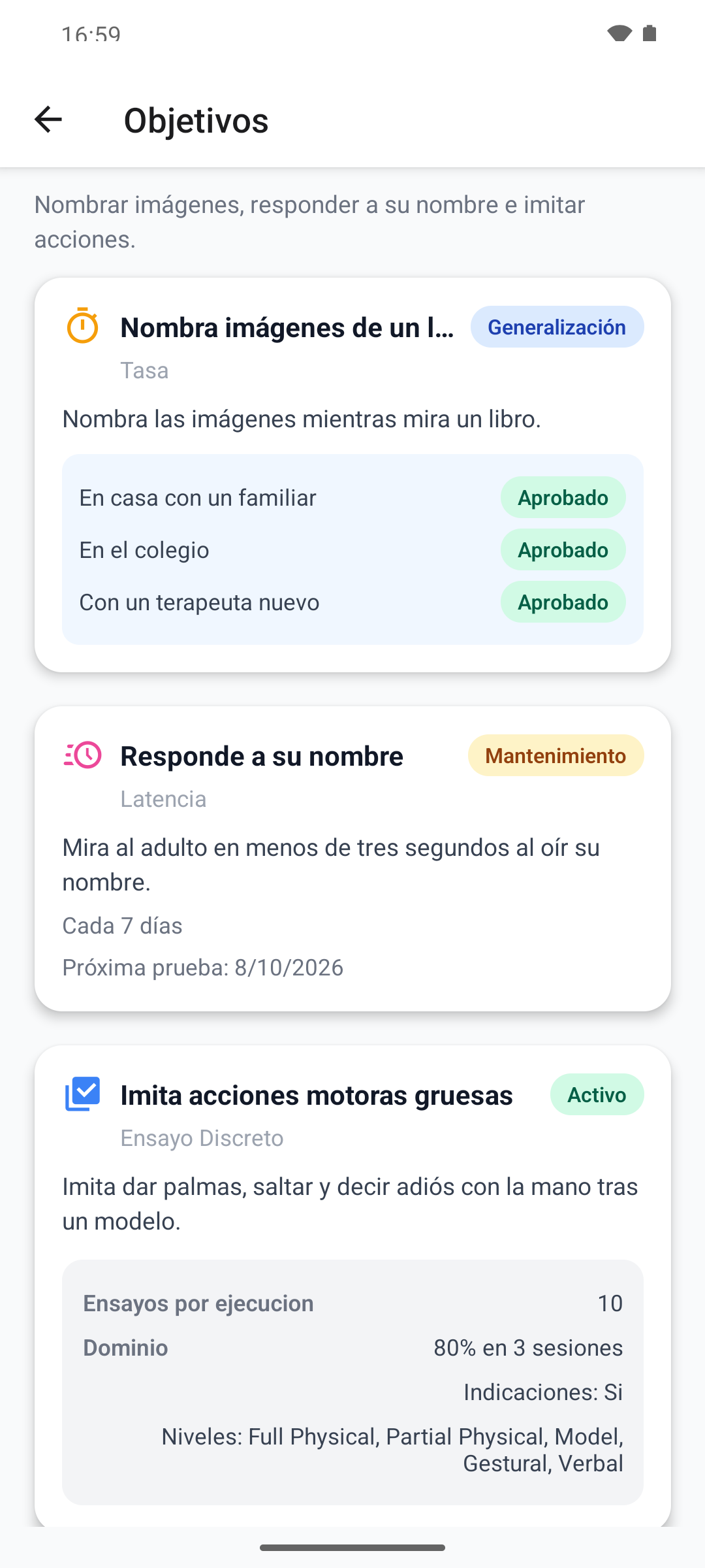 Los objetivos de una meta en la aplicación móvil con etiquetas de estado y contextos de generalización