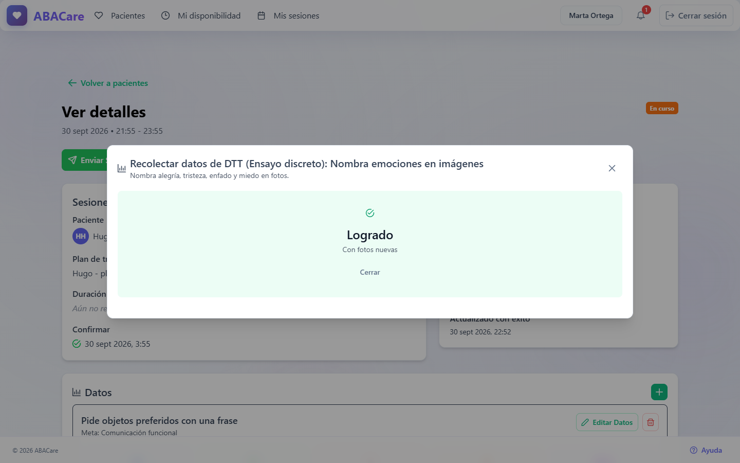 El resultado Logrado con el nombre del contexto y el botón Cerrar en la aplicación web