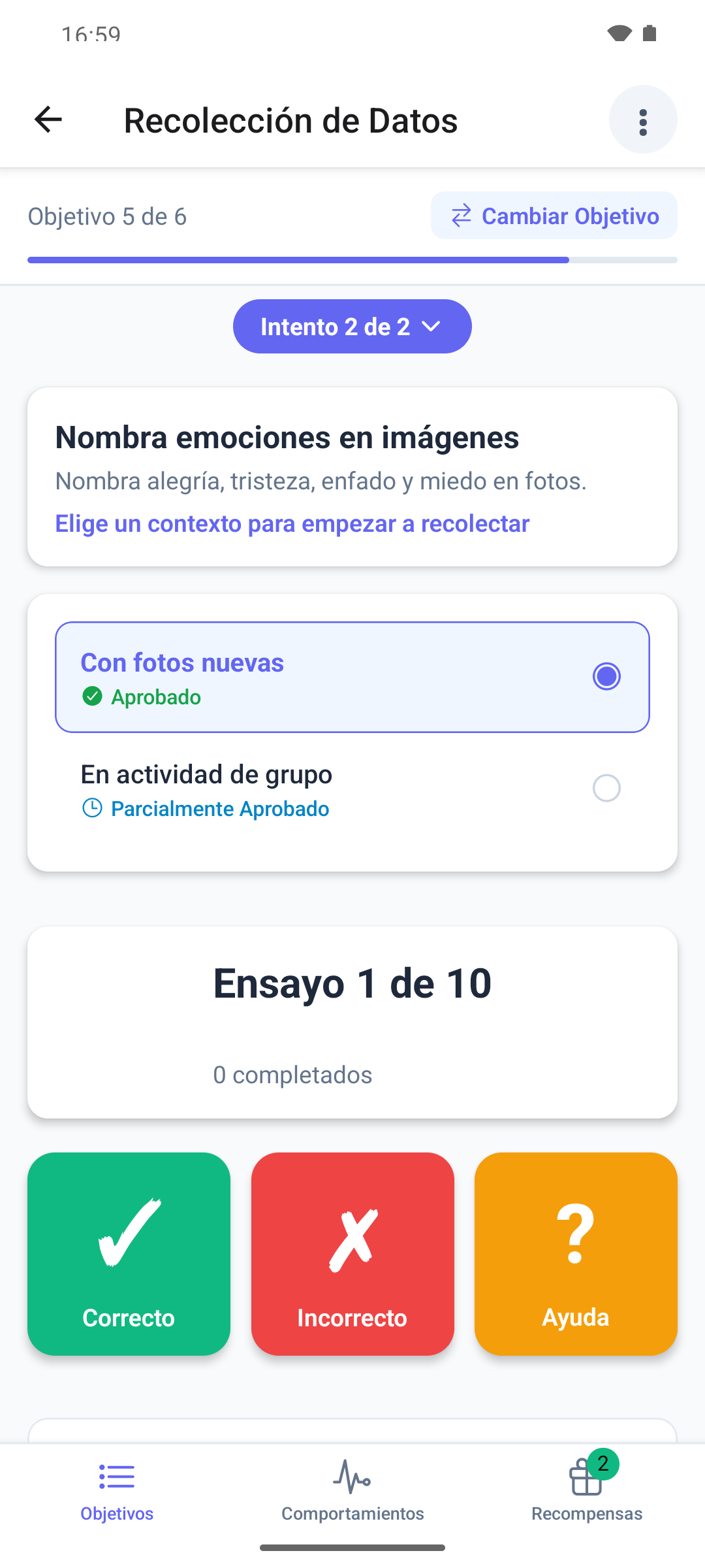 Un objetivo de generalización en la aplicación móvil con sus contextos y uno elegido