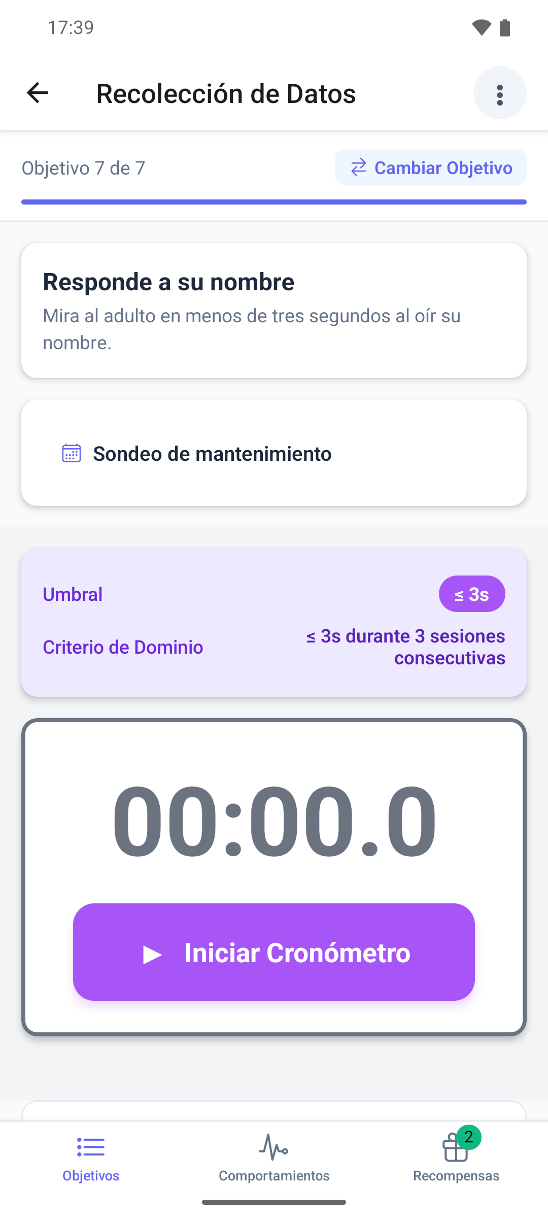 Un objetivo de mantenimiento en la aplicación móvil con la franja Sondeo de mantenimiento y el recolector del objetivo