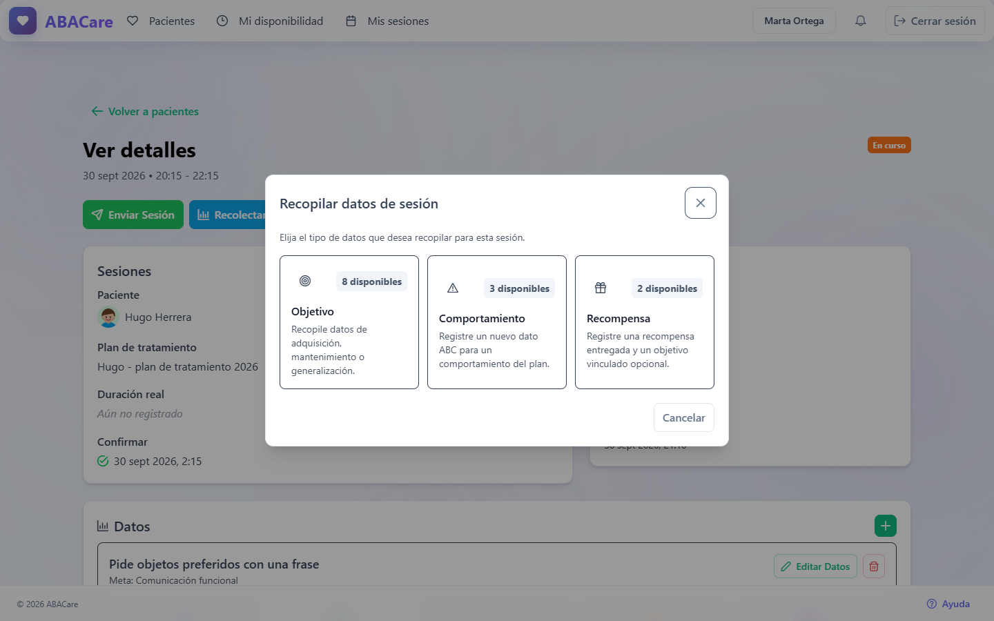 La ventana Recopilar datos de sesión en la aplicación web con las tarjetas Objetivo, Comportamiento y Recompensa
