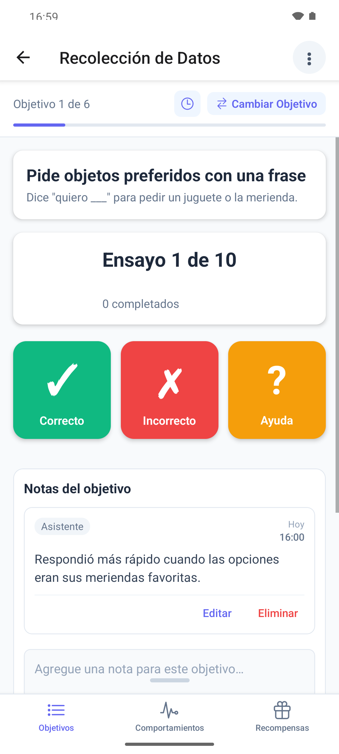 La pestaña Objetivos en la aplicación móvil con el contador de objetivos, la barra de progreso y el botón Cambiar Objetivo
