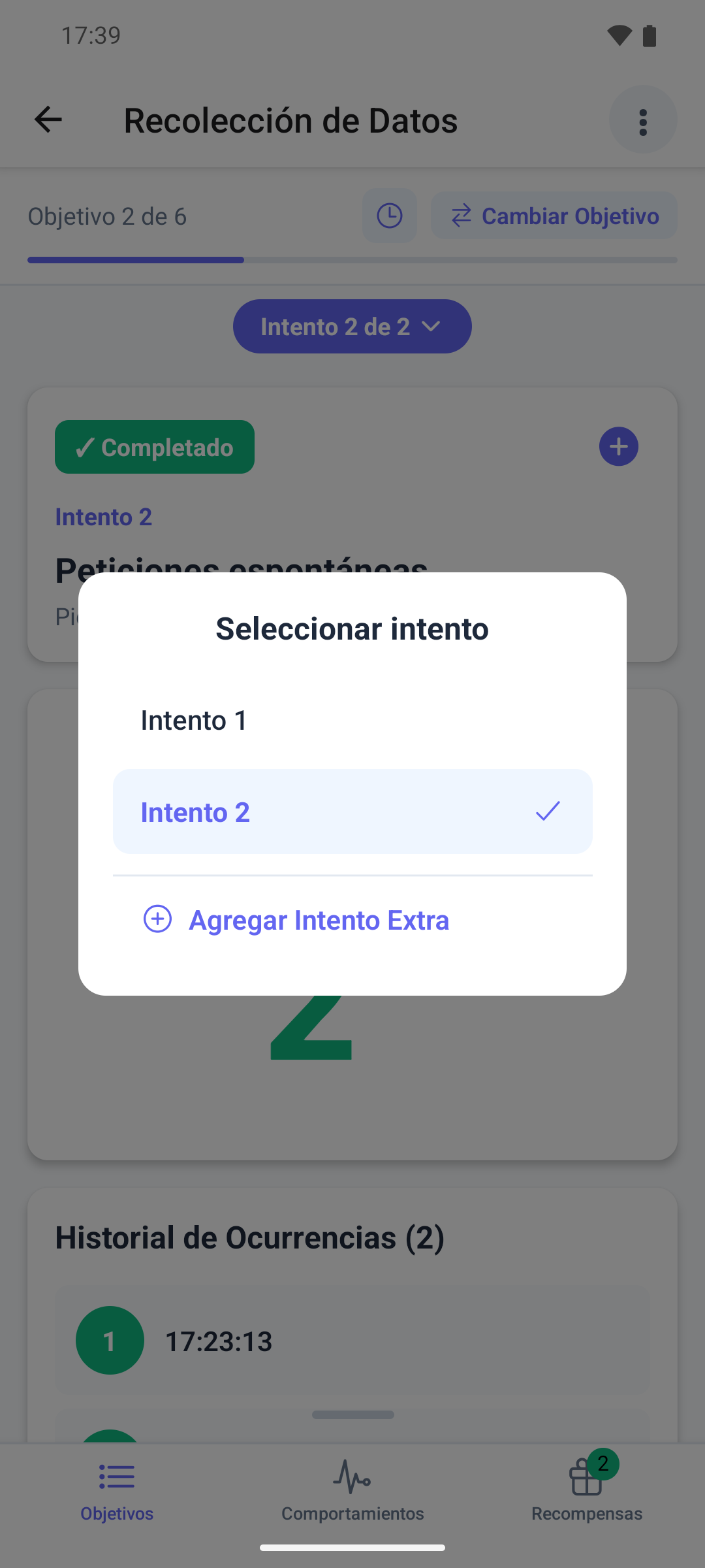 La ventana Seleccionar intento en la aplicación móvil con dos ejecuciones guardadas y la opción Agregar Intento Extra