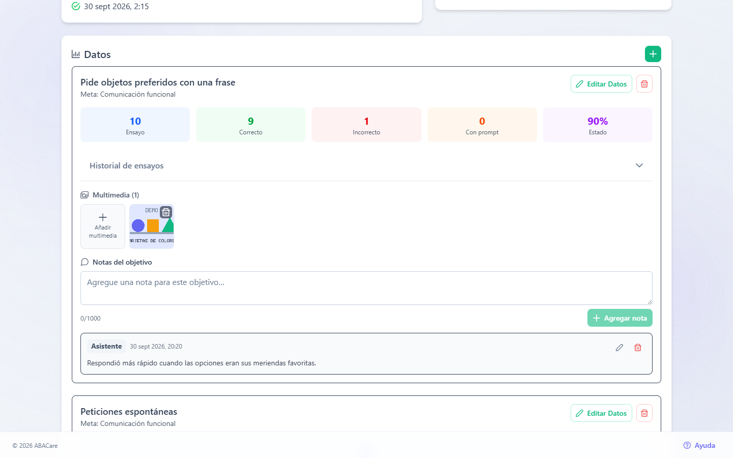 La tarjeta Datos de una sesión en curso en la aplicación web, con el botón Editar Datos y el botón de eliminar en un objetivo