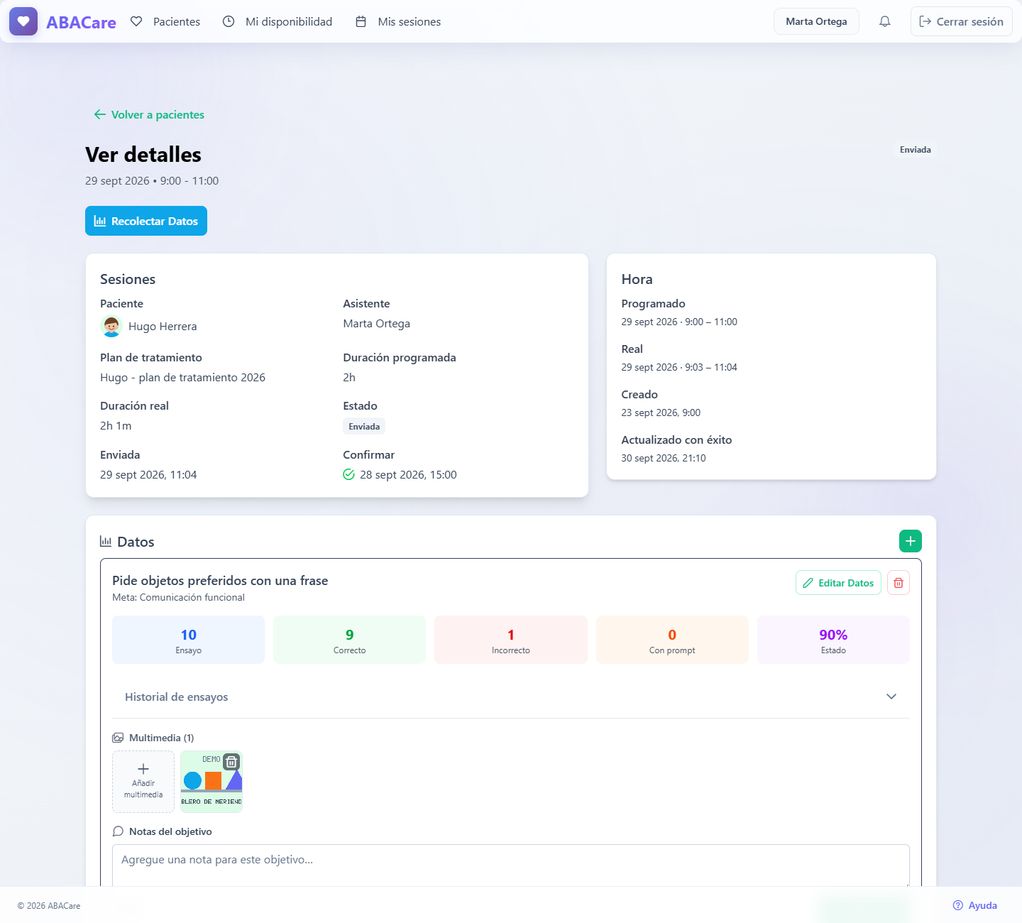 Una sesión enviada en la aplicación web con el botón Recopilar datos y los controles de edición en la tarjeta Datos