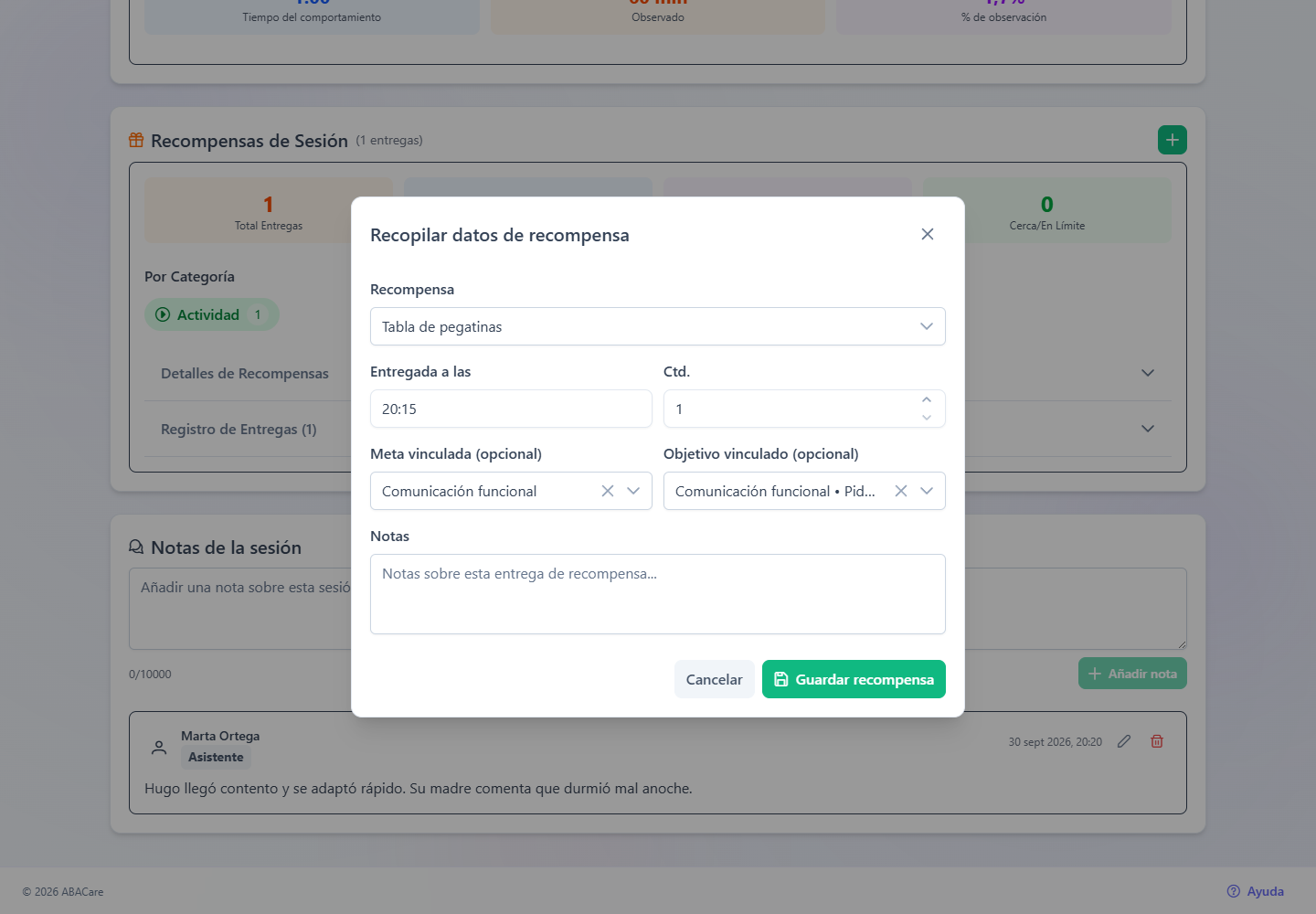 La ventana Recopilar datos de recompensa en la aplicación web con una recompensa seleccionada, la hora de entrega, la cantidad, la meta y el objetivo vinculados y las notas