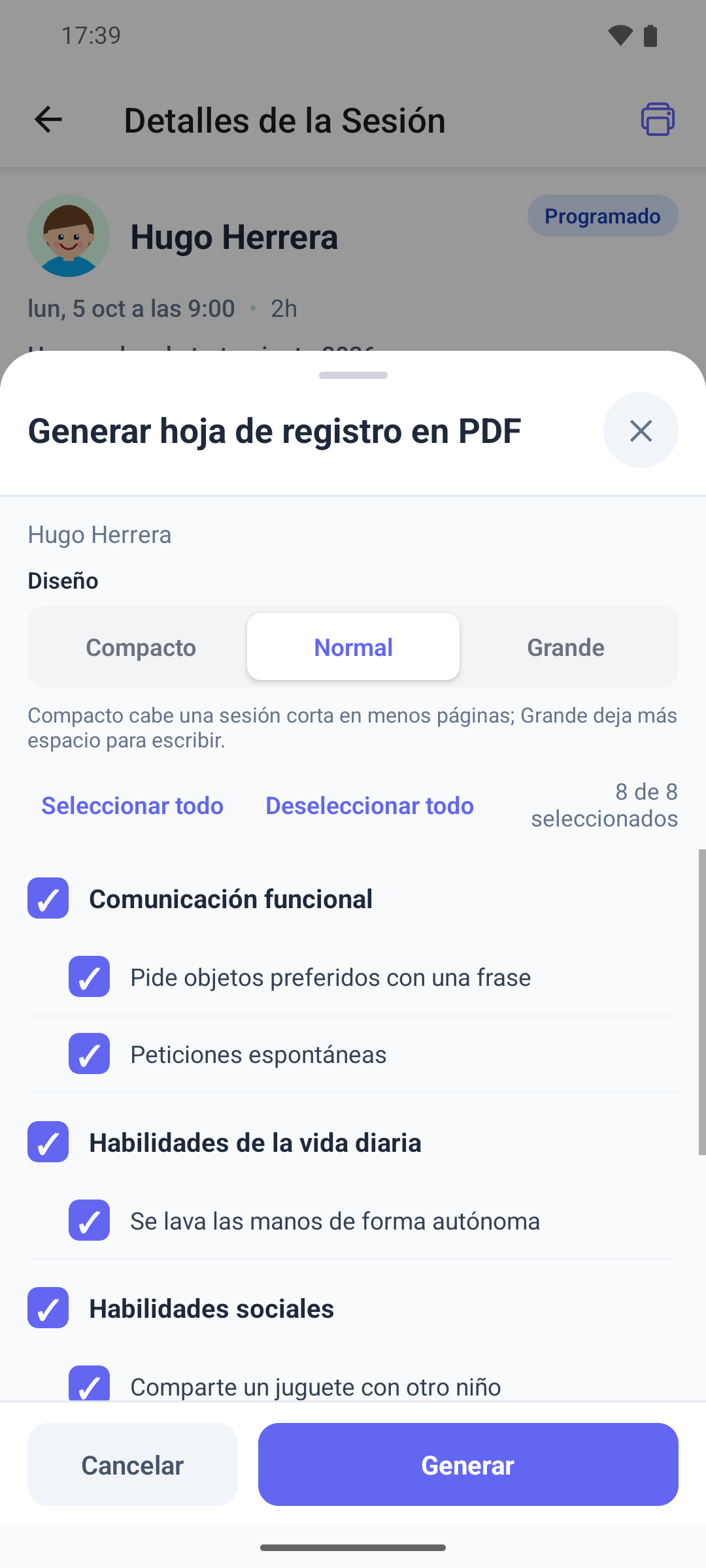 La hoja Generar hoja de registro en PDF en la aplicación móvil con objetivos marcados y el botón Generar