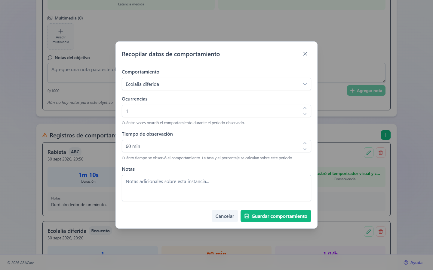 La ventana Recopilar datos de comportamiento en la aplicación web con un comportamiento de conteo seleccionado y los campos Ocurrencias, Tiempo de observación y Notas
