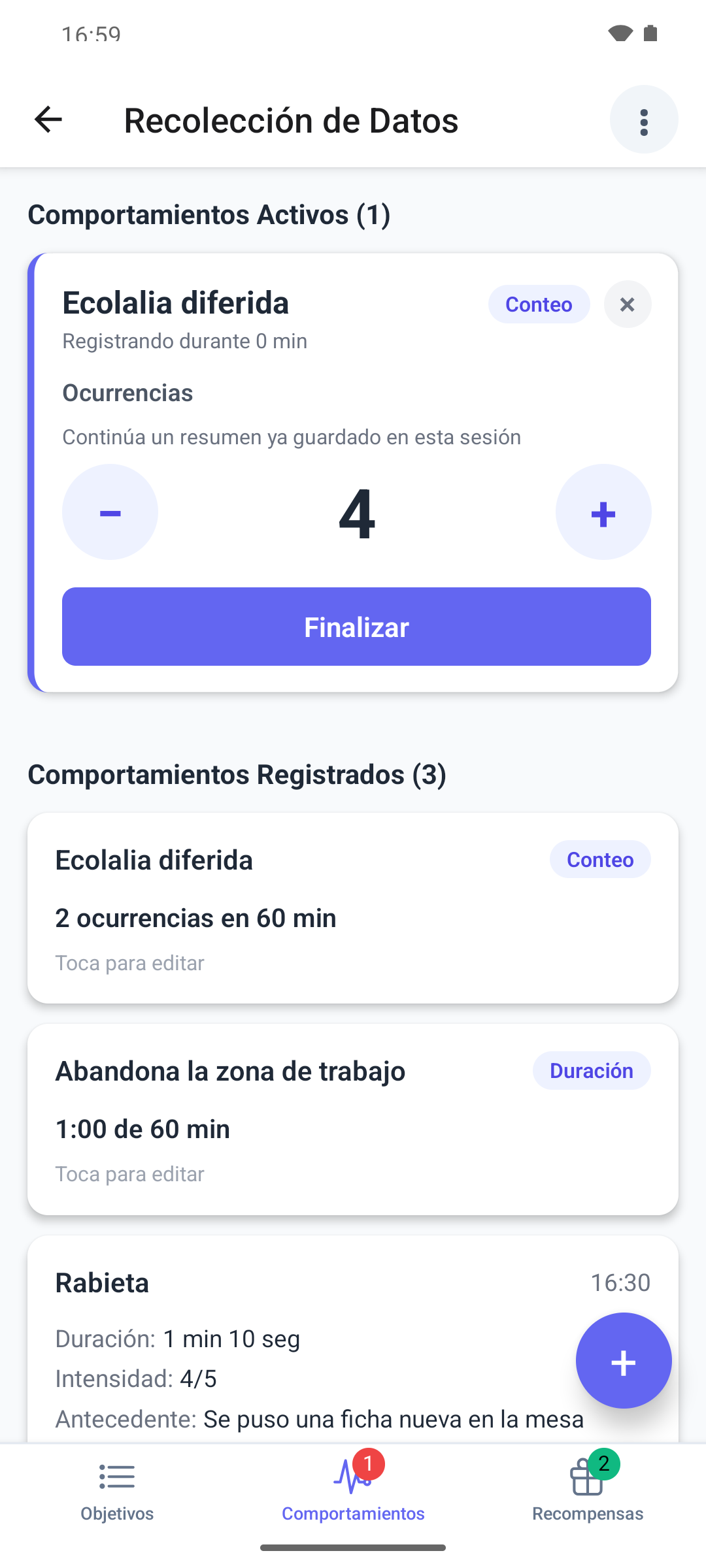 Una tarjeta de conteo en Comportamientos Activos en la aplicación móvil con el recuento de ocurrencias, los botones menos y más y Finalizar