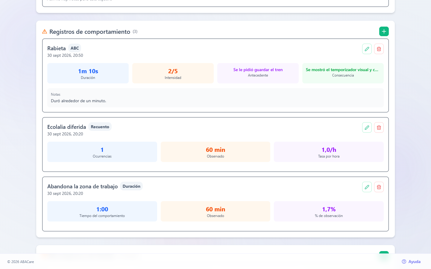 La tarjeta Registros de comportamiento en la aplicación web con un resumen de conteo y otro de duración, cada uno con su etiqueta y sus totales