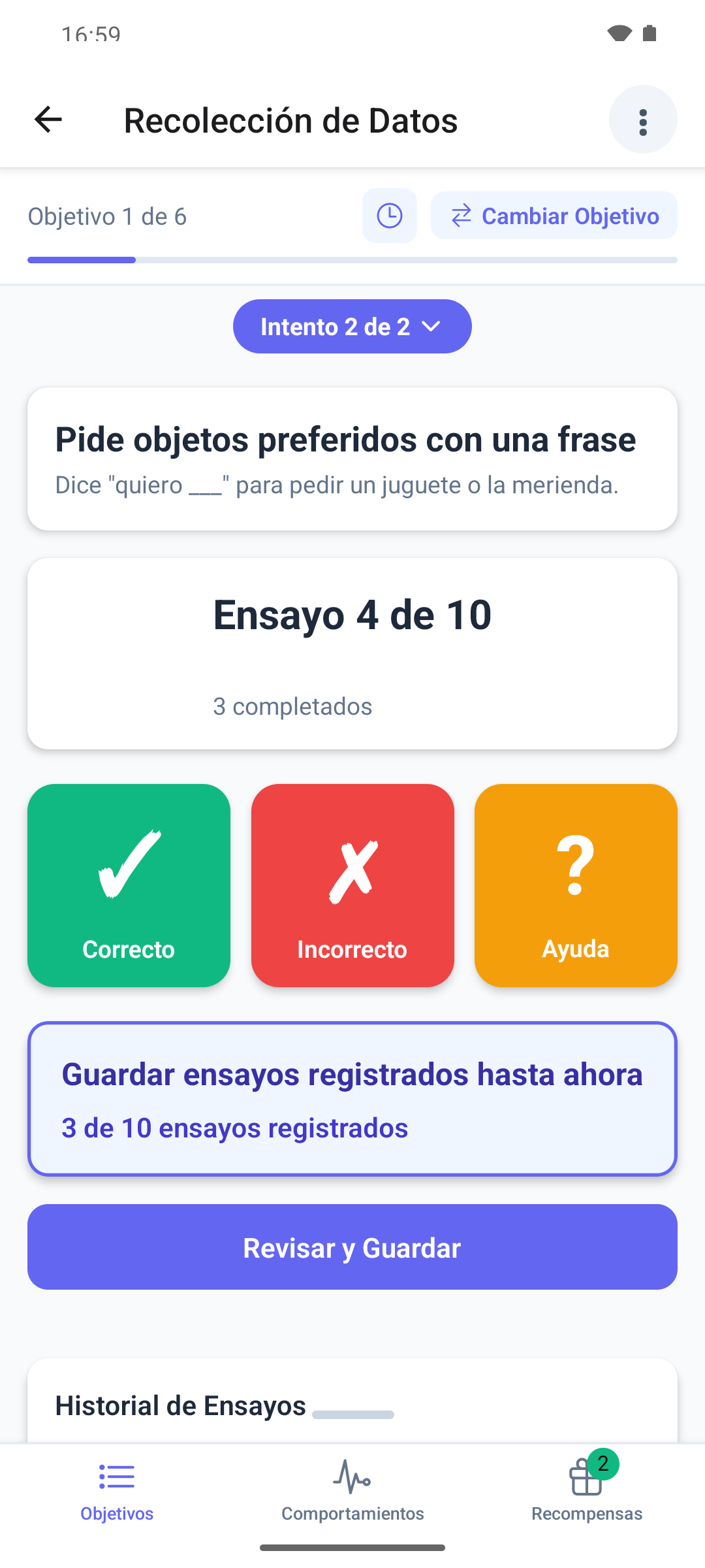 Un objetivo DTT en la aplicación móvil con el contador de ensayos y los botones Correcto, Incorrecto y Ayuda