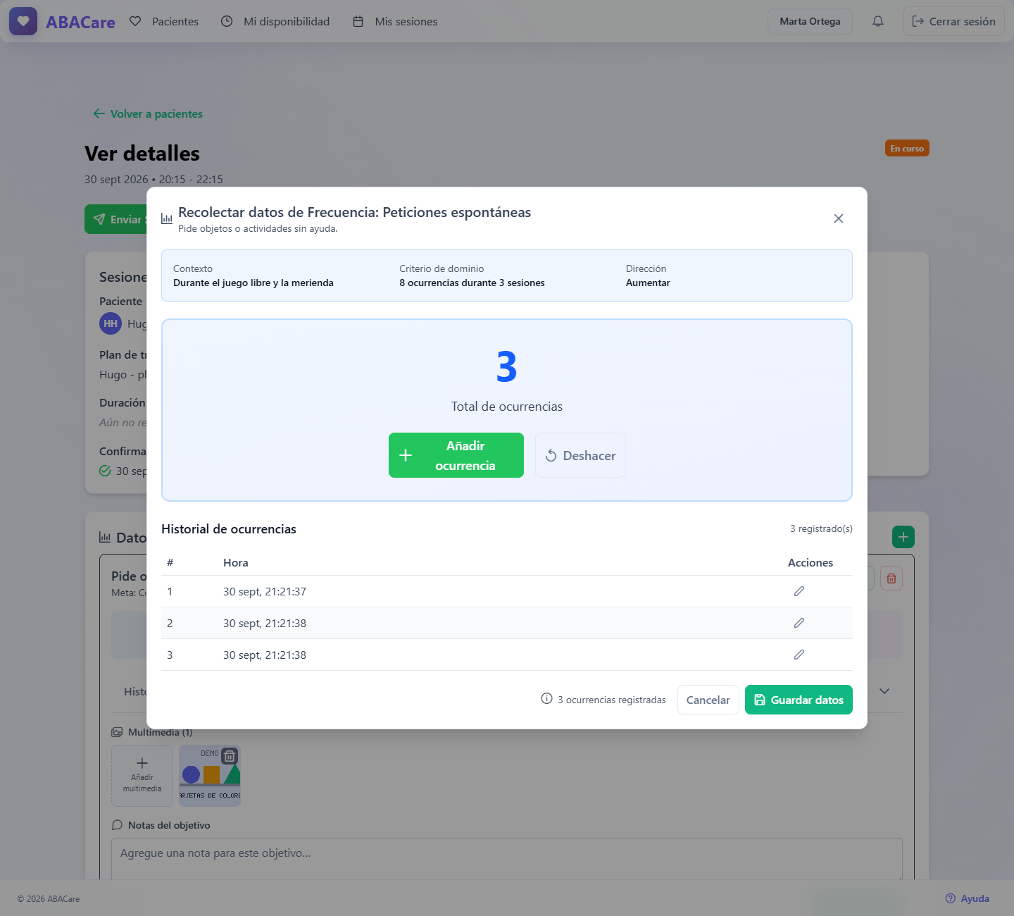 Un objetivo de frecuencia en la aplicación web con el total, el botón Añadir ocurrencia y la tabla Historial de ocurrencias