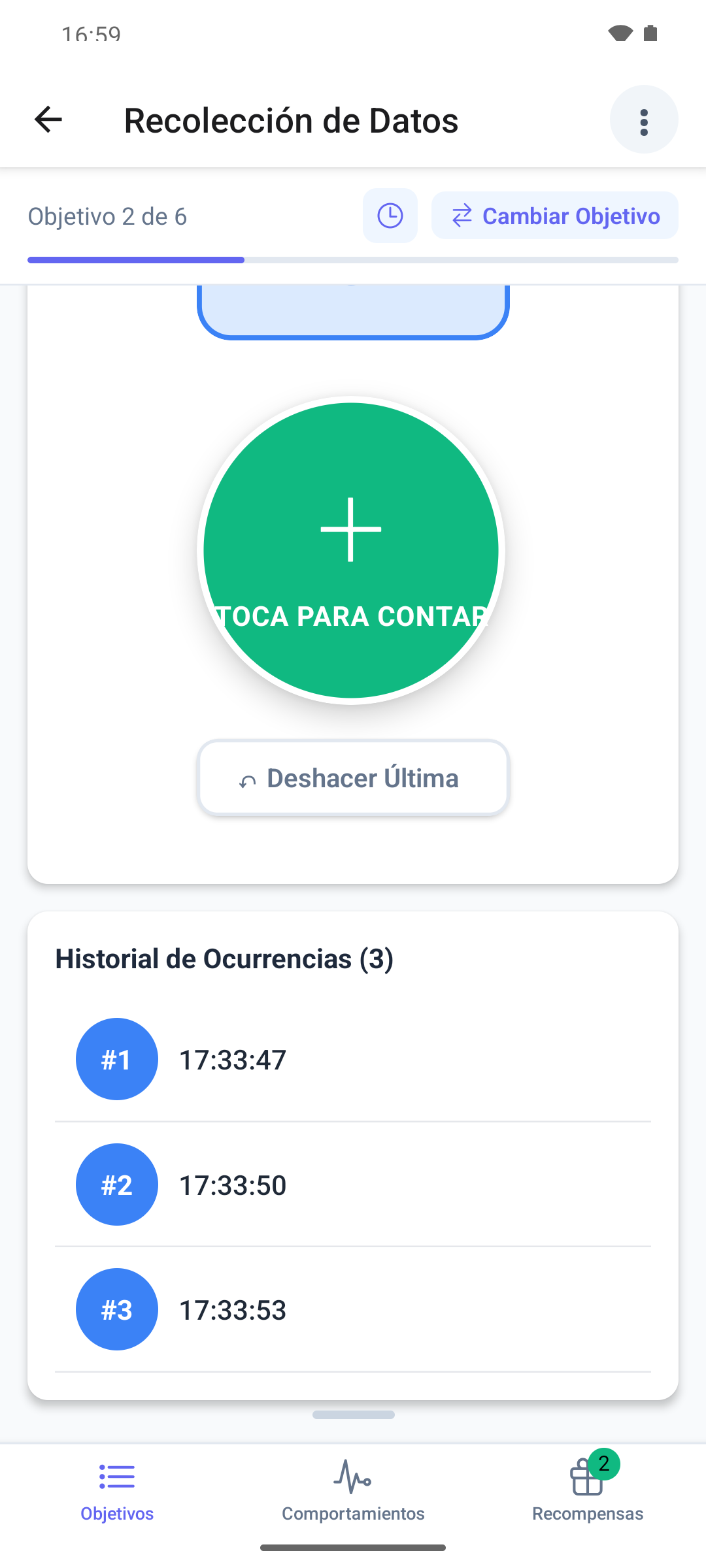 Un objetivo de frecuencia en la aplicación móvil con el total de ocurrencias, el botón Toca para Contar y el historial