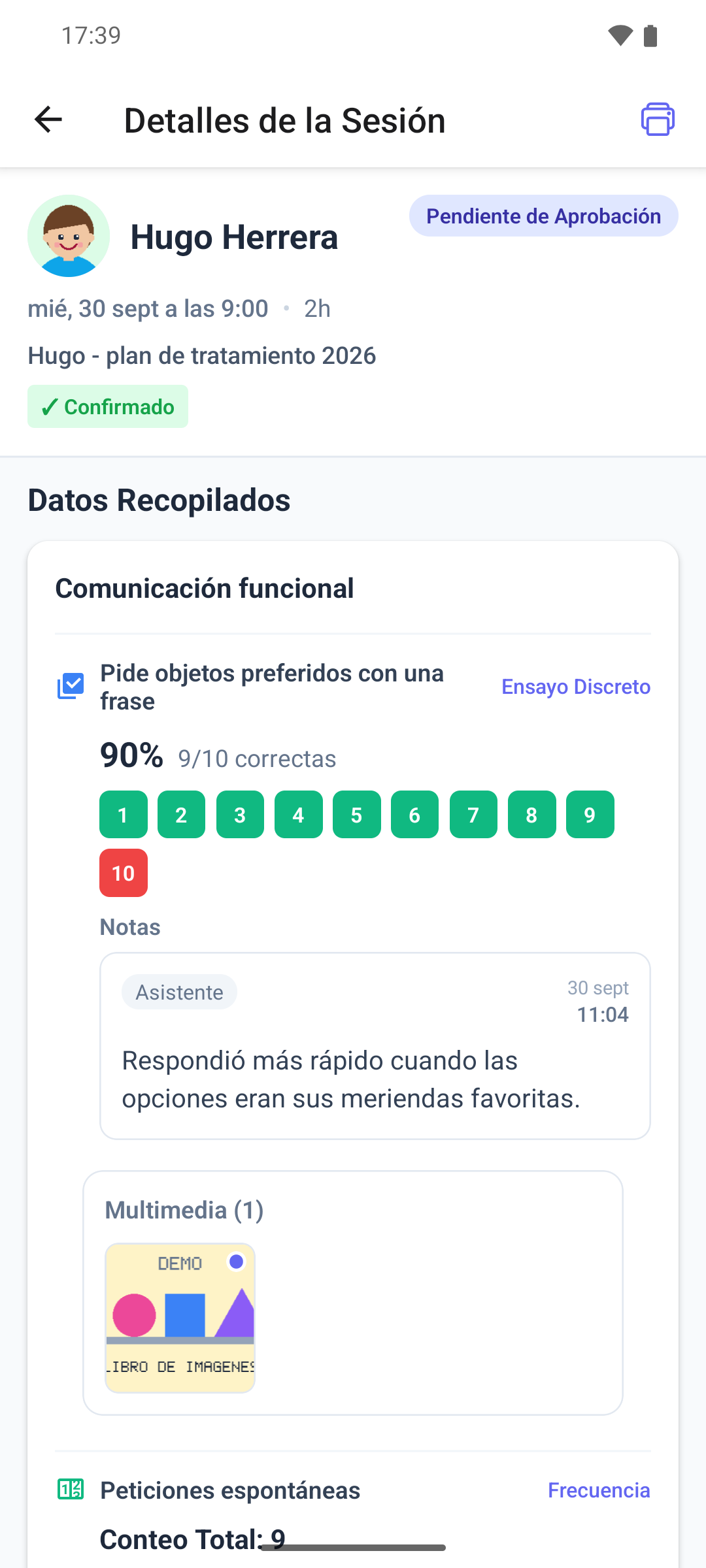 Una sesión enviada en la aplicación móvil con el estado Pendiente de Aprobación y la sección Datos Recopilados