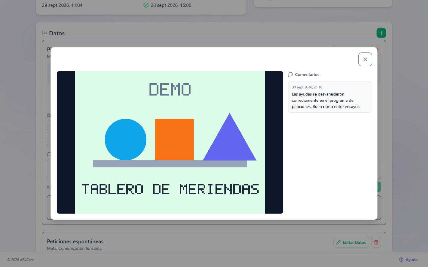 Una foto de sesión abierta en la aplicación web, con el comentario del BCBA bajo Comentarios