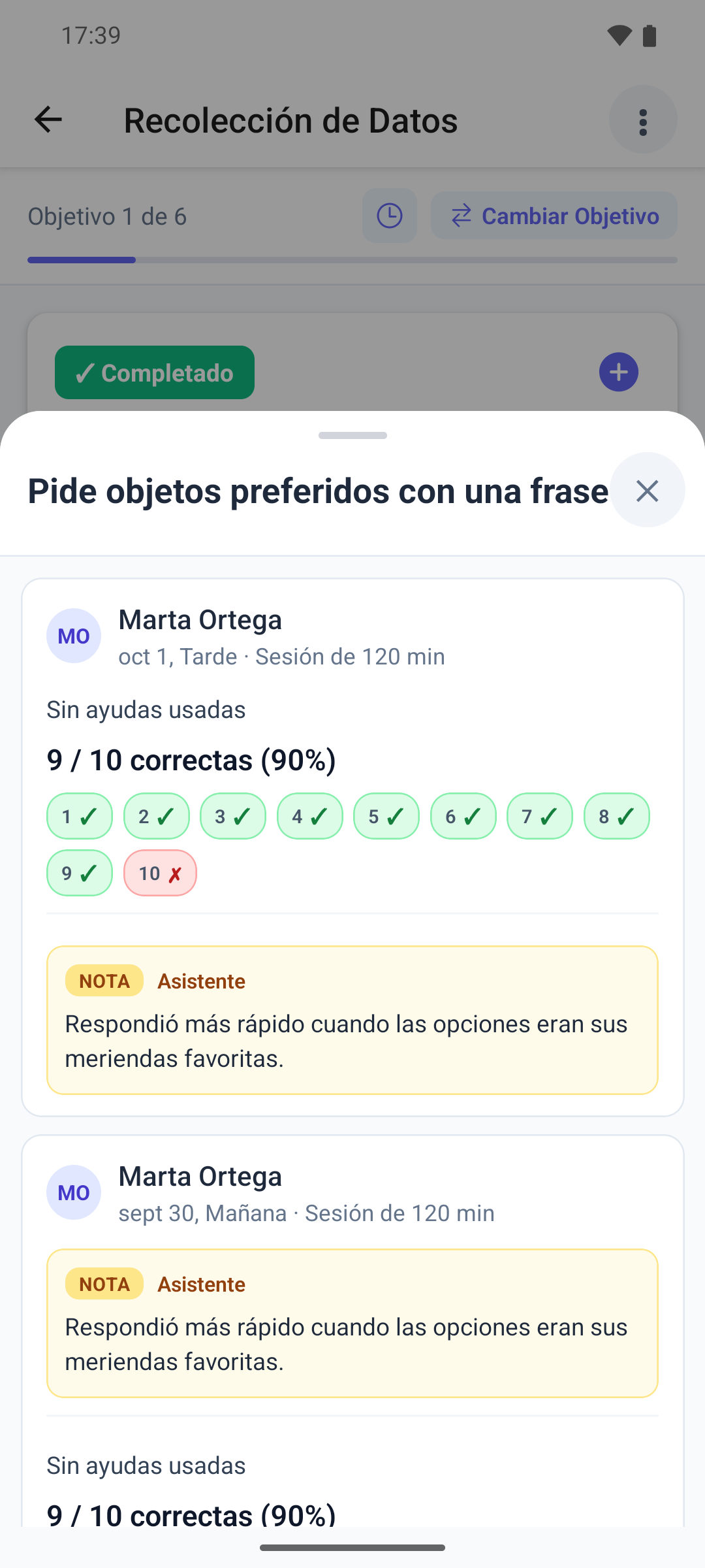 La hoja de últimas recopilaciones en la aplicación móvil sobre un objetivo DTT, con tarjetas de sesión, resultados de los ensayos y una nota del objetivo