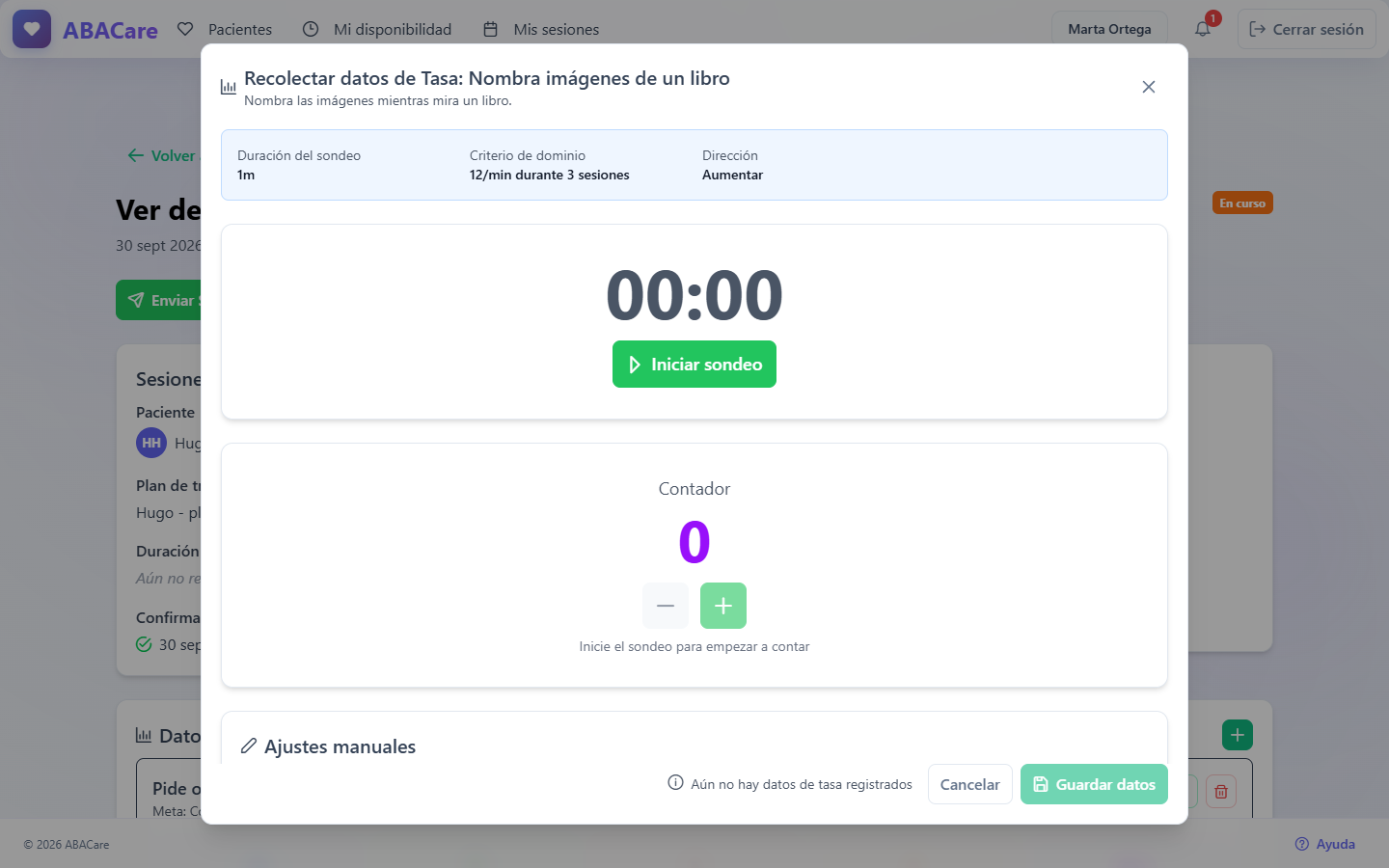 Un objetivo de tasa en la aplicación web con el cronómetro del sondeo, los botones más y menos, la tasa actual y la tarjeta Ajustes manuales