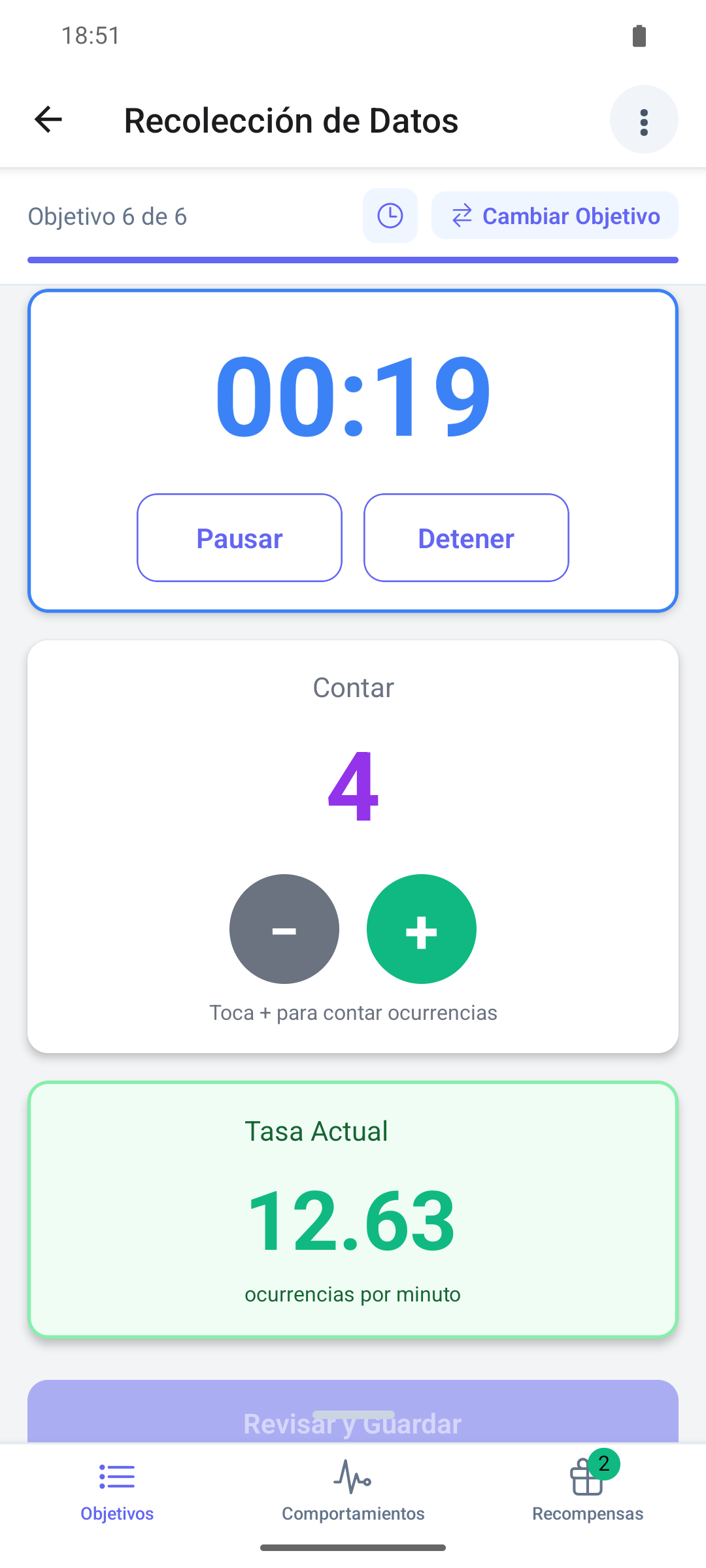 Un objetivo de tasa en la aplicación móvil con el cronómetro de la sonda, el conteo con los botones más y menos y la tasa actual