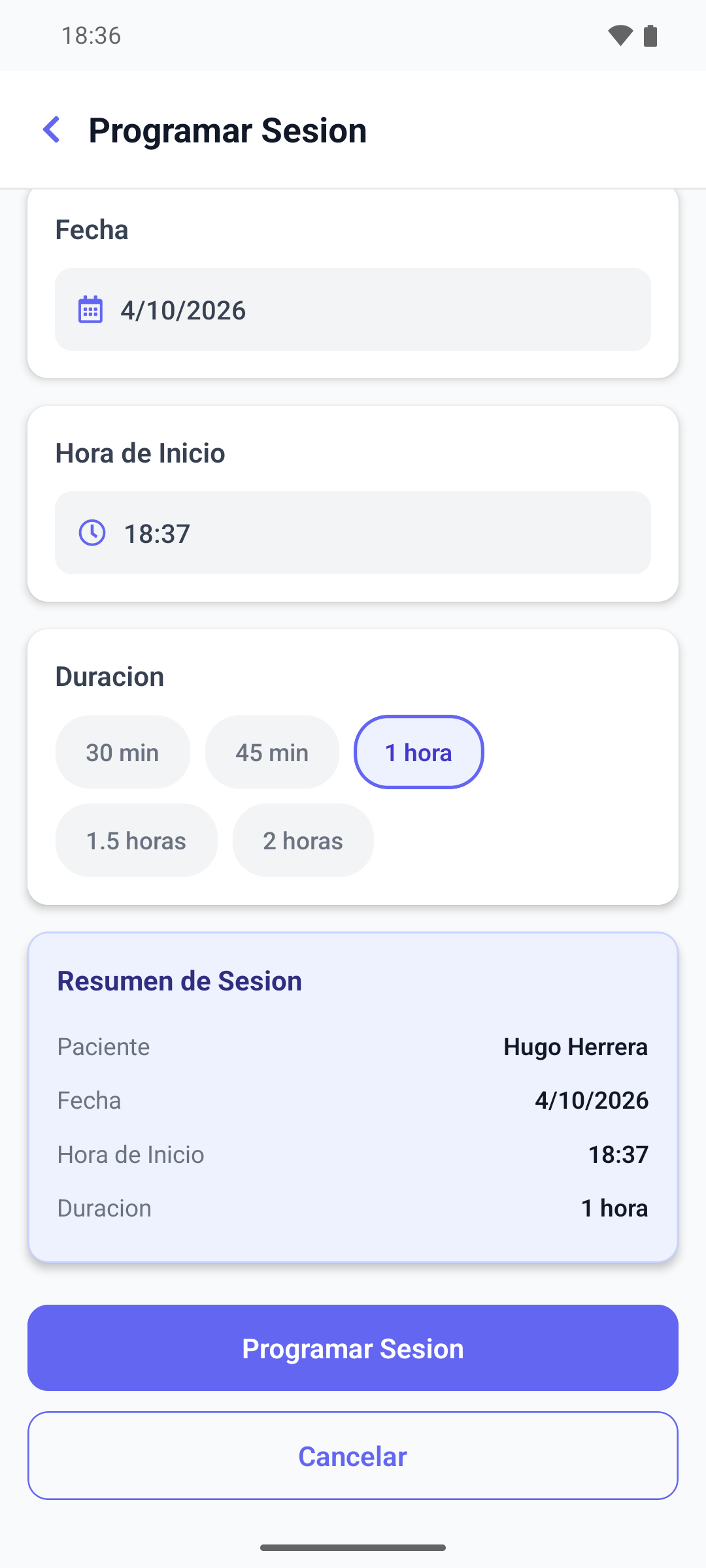 La pantalla Programar Sesion de la aplicación móvil con un paciente, una fecha, una hora de inicio y una duración elegidos y la tarjeta Resumen de Sesion