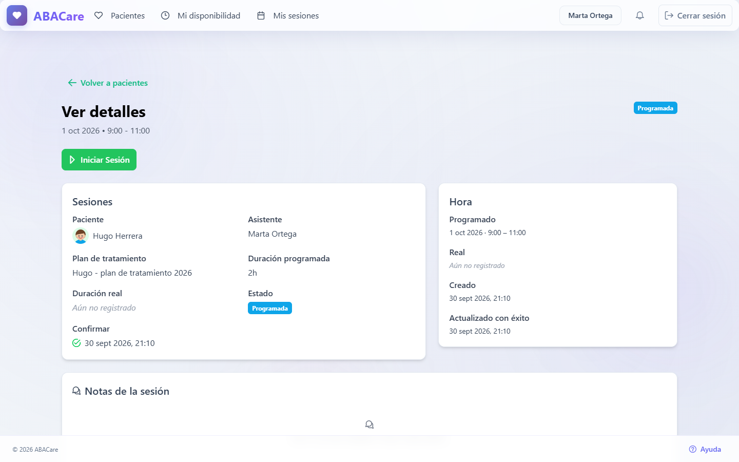 Una sesión programada en la aplicación web con los botones Iniciar Sesión y Confirmar