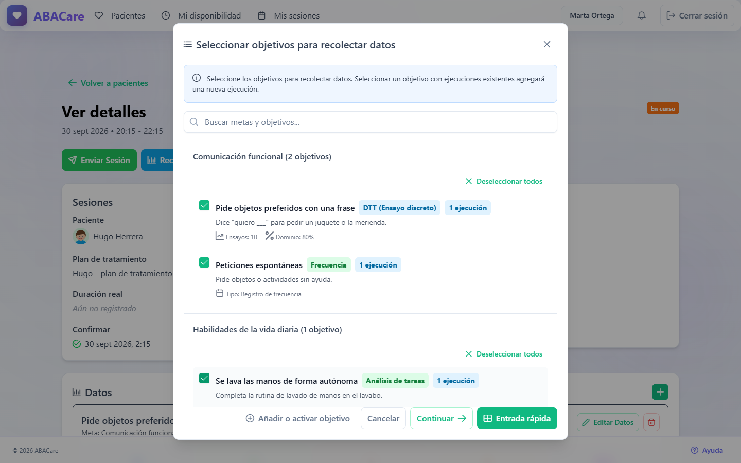 La ventana Seleccionar objetivos para recolectar datos en la aplicación web, con objetivos marcados y los botones Continuar y Entrada rápida