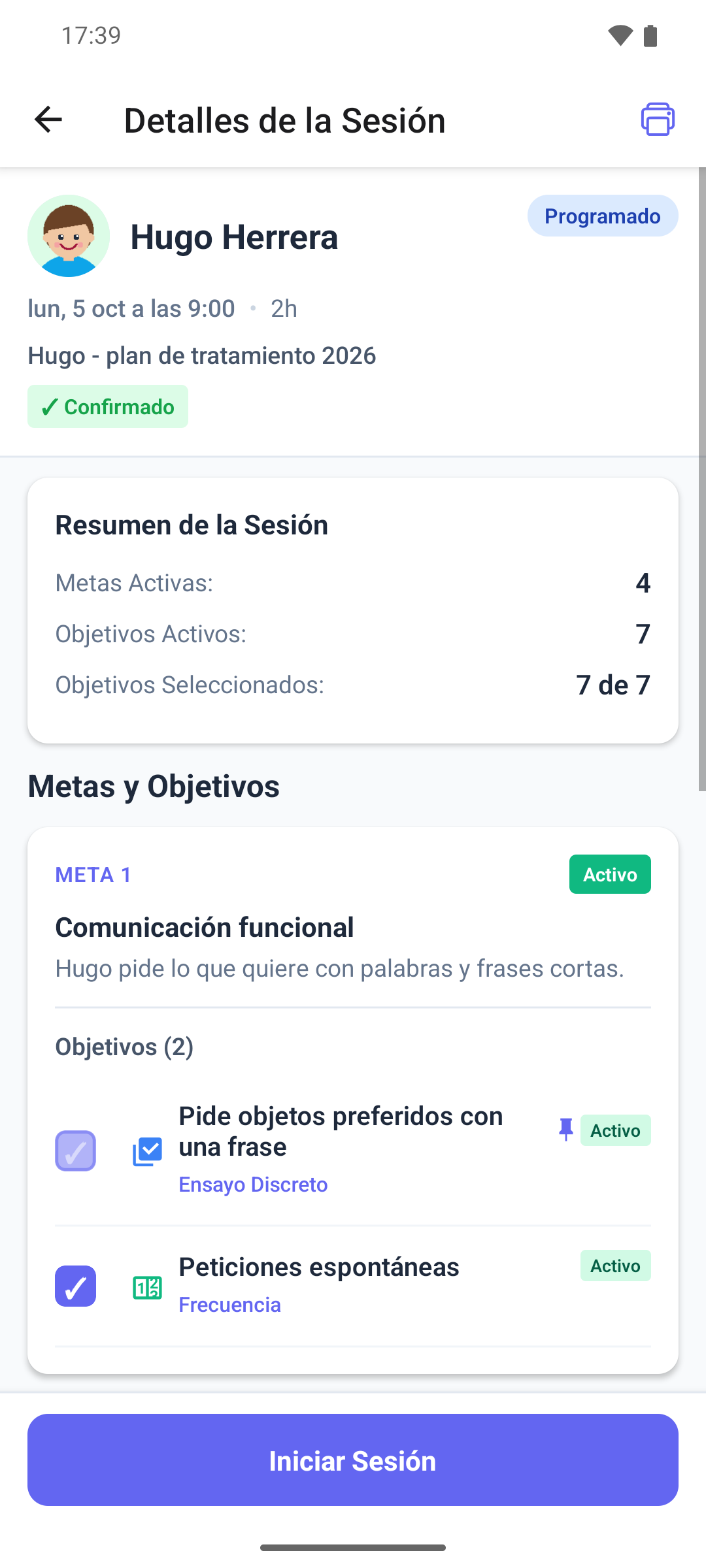 Una sesión programada en la aplicación móvil con metas, objetivos marcados, un objetivo obligatorio y el botón Iniciar Sesión