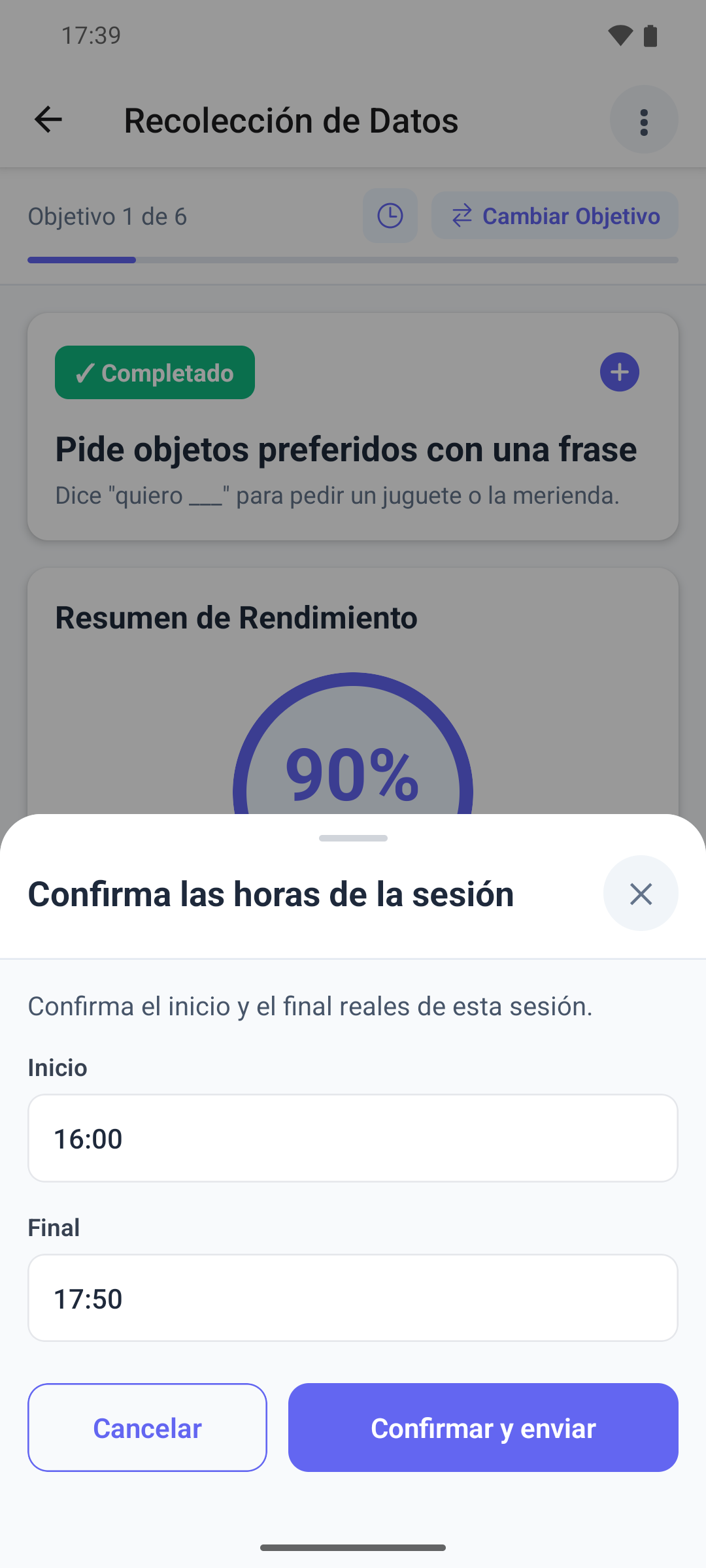 La hoja Confirma las horas de la sesión en la aplicación móvil con las horas de inicio y fin y el botón Confirmar y enviar
