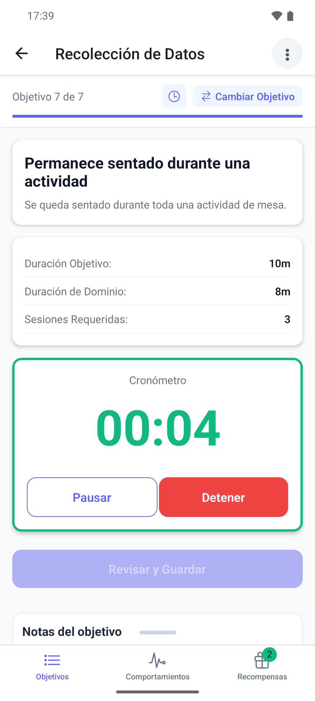 Un objetivo de duración en la aplicación móvil con las duraciones objetivo y de dominio y el cronómetro en marcha con los botones Pausar y Detener