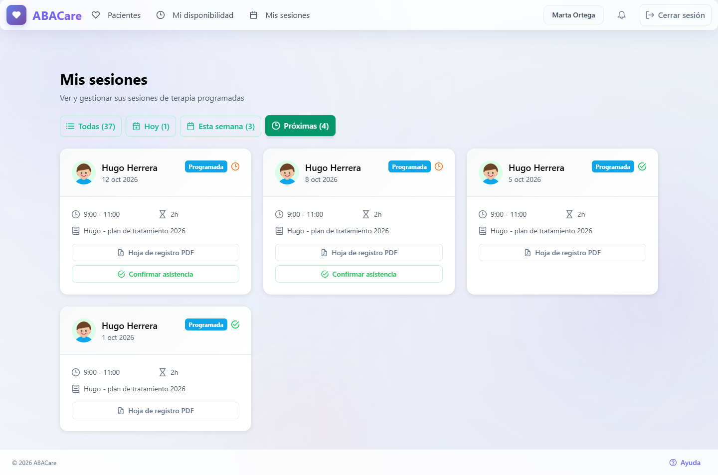 La página Mis sesiones de la aplicación web con el filtro Próximas, con tarjetas de sesiones confirmadas y sin confirmar