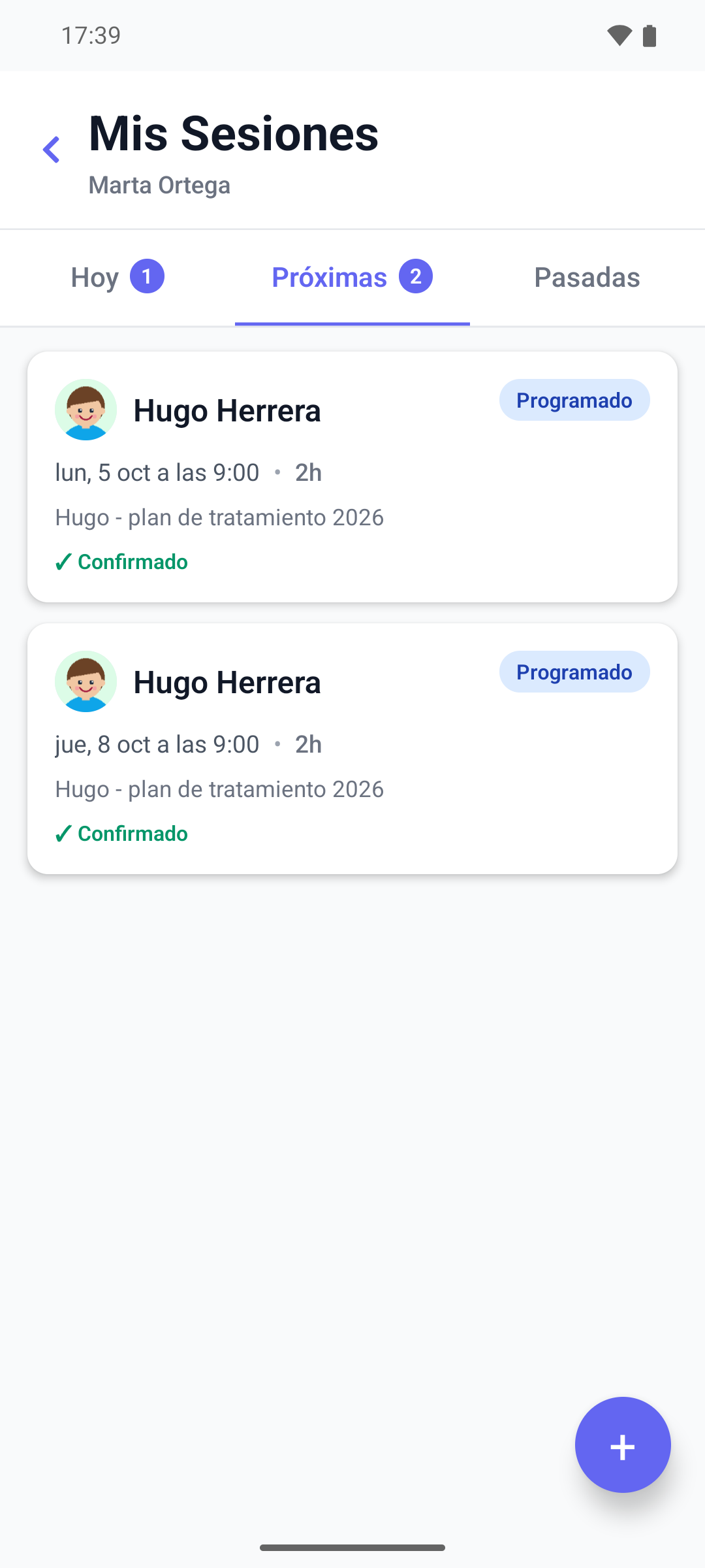 La pantalla Mis Sesiones de la aplicación móvil en la pestaña Próximas