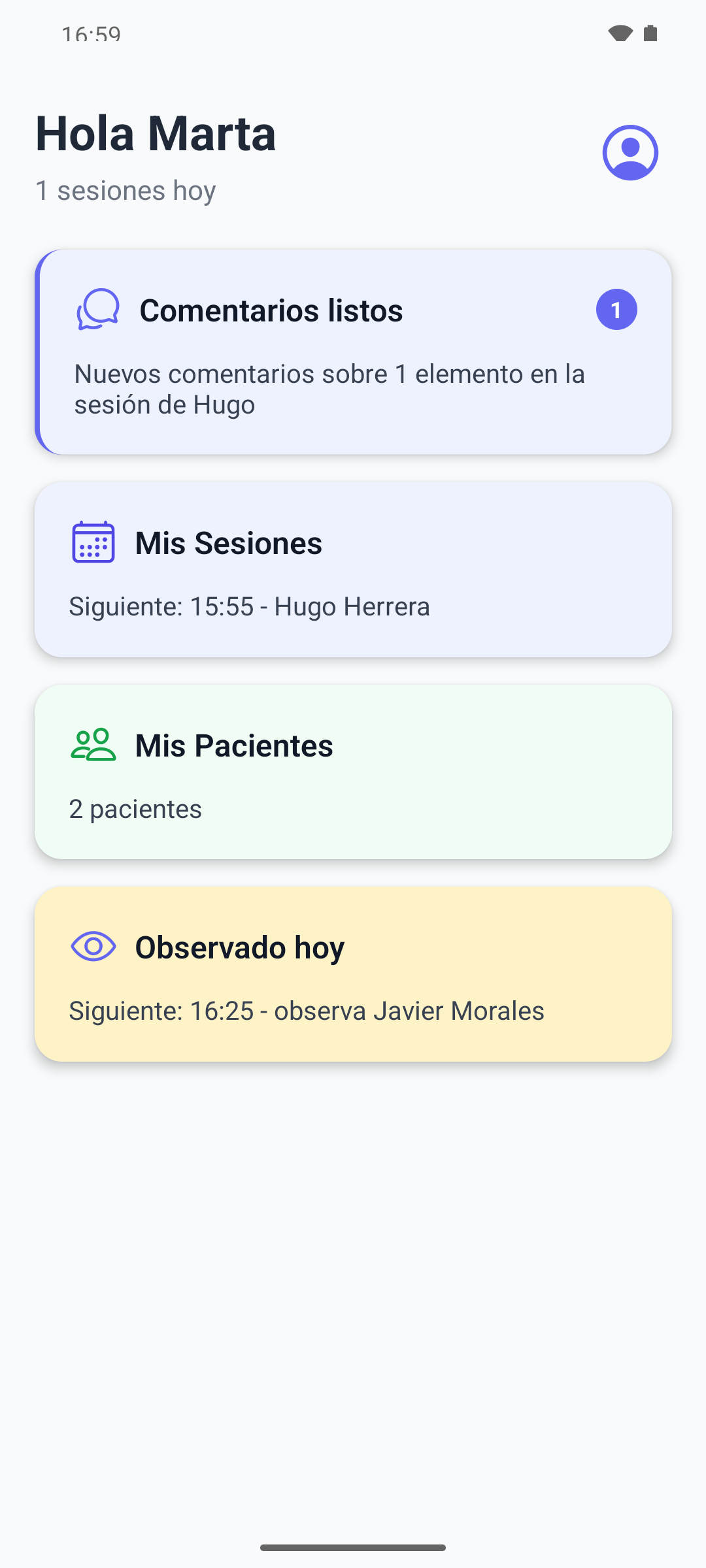 La pantalla de inicio del móvil con la tarjeta Observado hoy, que muestra la hora y el BCBA que observa