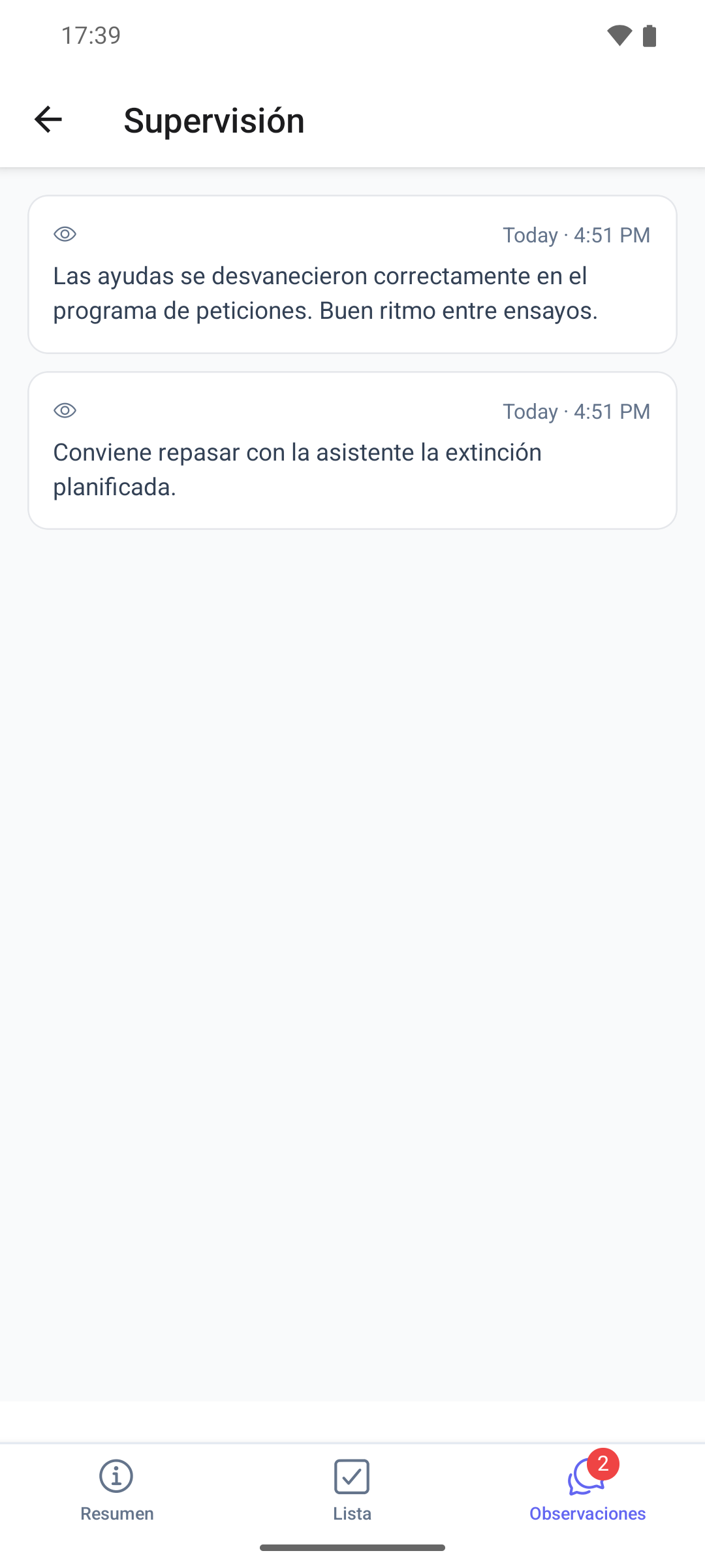 La pestaña Observaciones de una supervisión completada en la aplicación móvil con observaciones compartidas