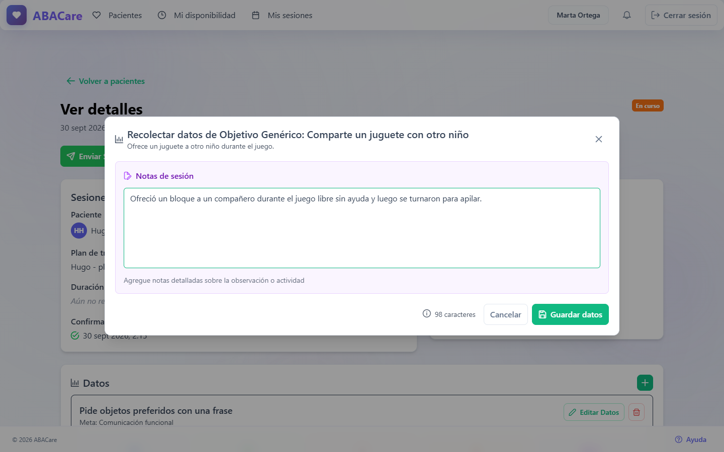 La ventana de nota de un objetivo genérico en la aplicación web, con una observación escrita bajo Notas de sesión y el botón Guardar datos